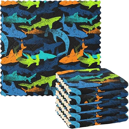 linqin Sharks Camo Set of 6 Absorbent Microfiber Towels Kitchen Decor Soft Microfiber Absorbant Towel Reusable for Countertop Oven