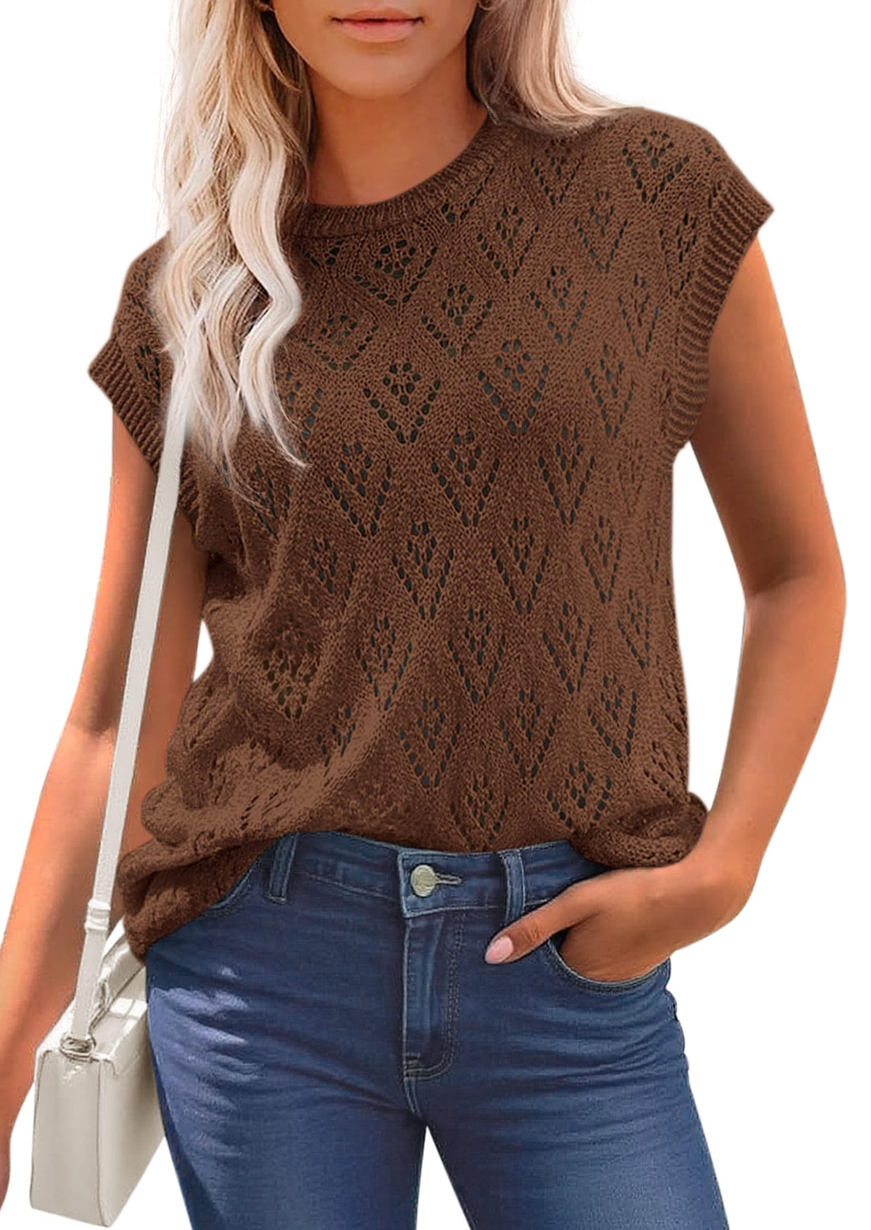 PRETTYGARDEN Womens 2026 Summer Sweater Vest Lightweight Knit Cap Sleeve Hollow Out Tank Tops Crochet Coverup Spring Outfits