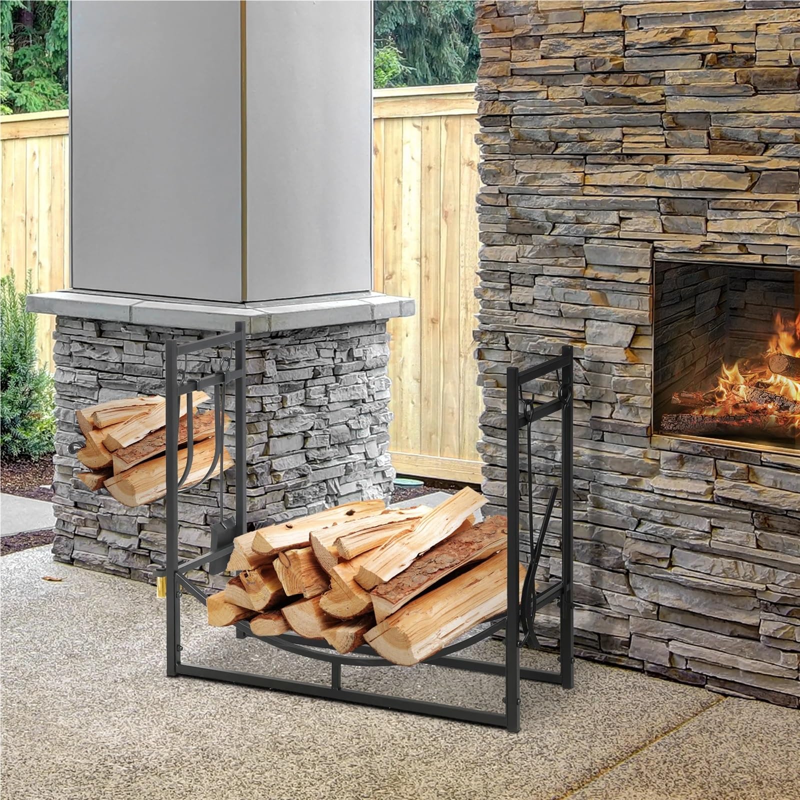 Porta legna Leñero de metal for interior y exterior, estante almacenamiento leña 2 niveles con 4 herramientas ganchos