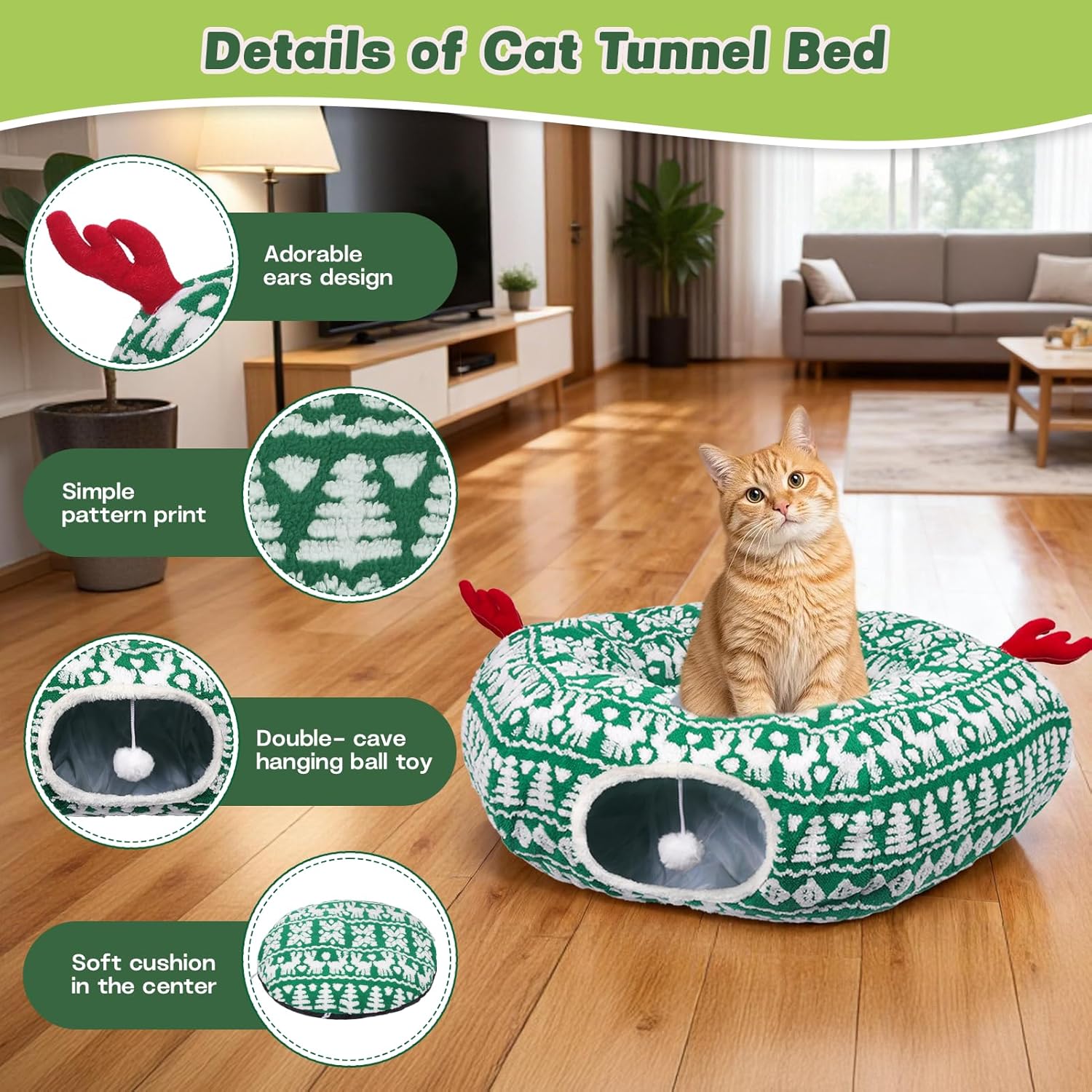 Cat Tunnel Bed, Cute Cat Tunnels for Indoor Cats with Washable Mat, Hanging Ball, Collapsible Play Tunnel, Pet Donut Tube Bed Cave, Xmas Party Decor for Kitten, Rabbit, Puppy Gifts