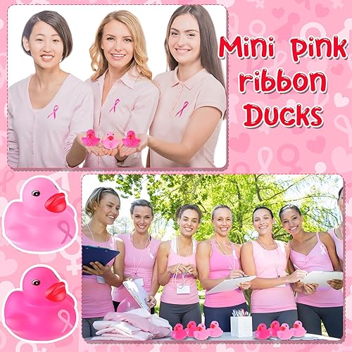 Miniatura 4 de Deekin 100 patos de goma a granel con cinta rosa, patos de baño, concienciación sobre el cáncer de mama, mini patos de 1.57 pulgadas, flotador de