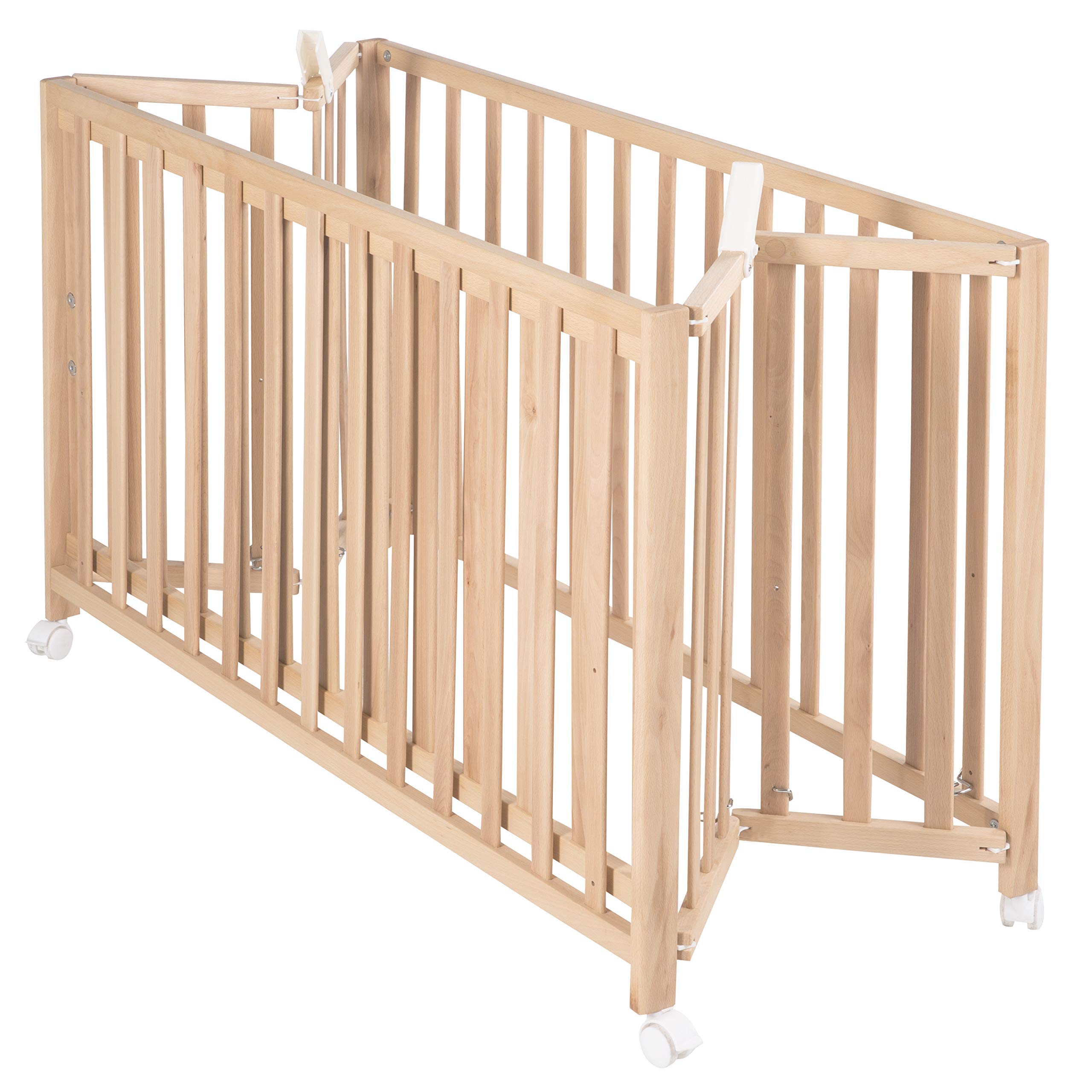 roba Lettino Pieghevole Fold Up 60 x 120 cm - per Neonati e Bambini - Regolabile in 3 Altezze Diverse - Ruote con Freni - Capacità Max 40 kg - Faggio Biologico Naturale