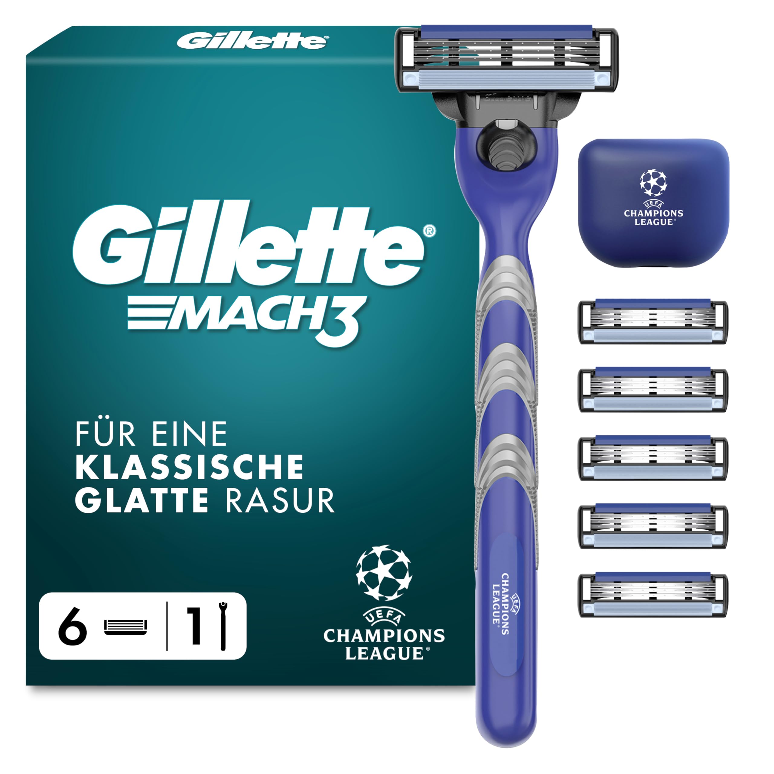 Gillette Mach3 Standard Rasierer Herren, UEFA Champions League Special Edition — Inkl. 1 Nassrasierer, Reiseschutzkappe, 6 Ersatzklingen mit Gleitstreifen und Klingenbeschichtung — Blau/Grau