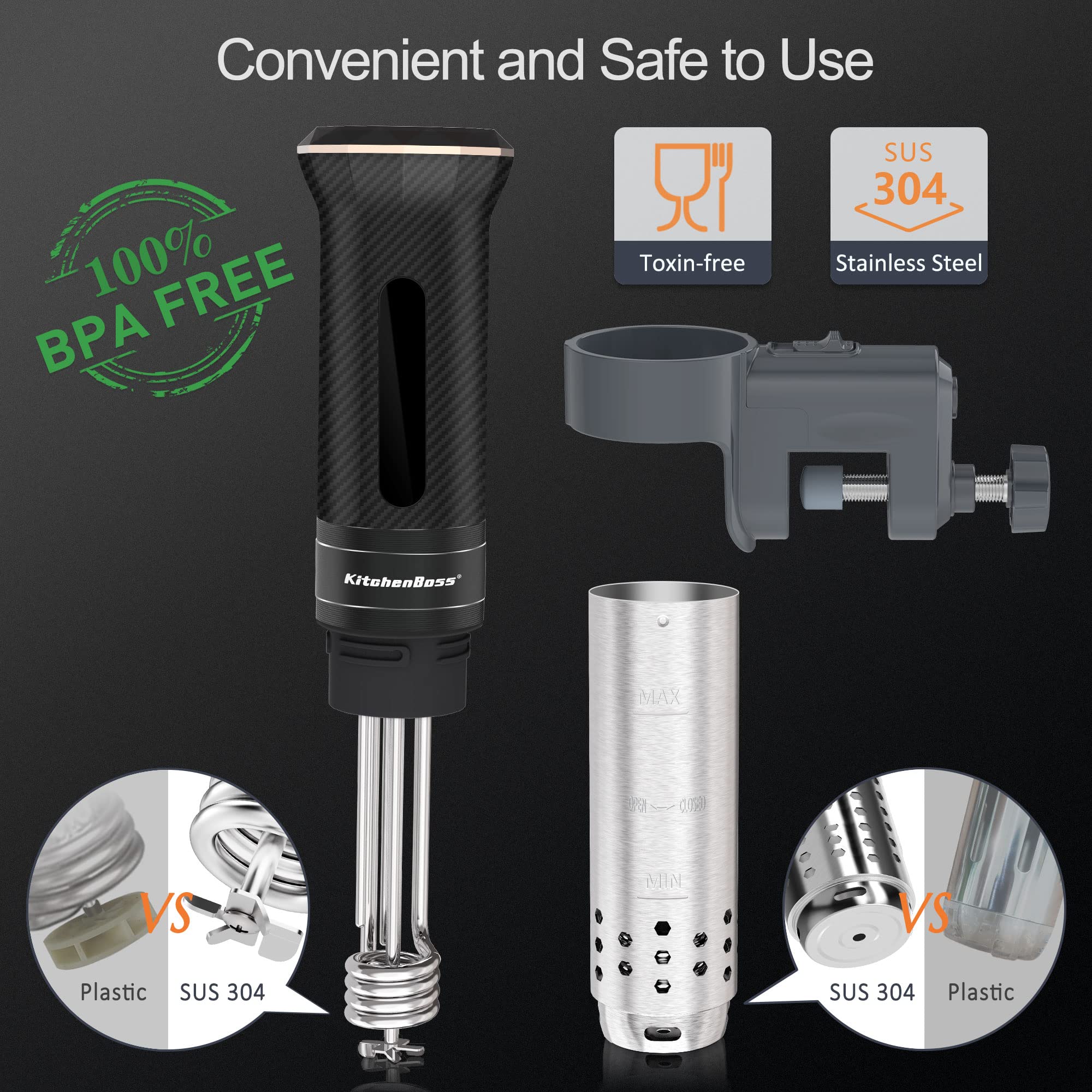 KitchenBoss G300T Sous Vide Stick - Precyzyjny termostat, wodoszczelność IPX7, dotykowy wyświetlacz, 3D cyrkulacja, timer, cykulator zanurzeniowy