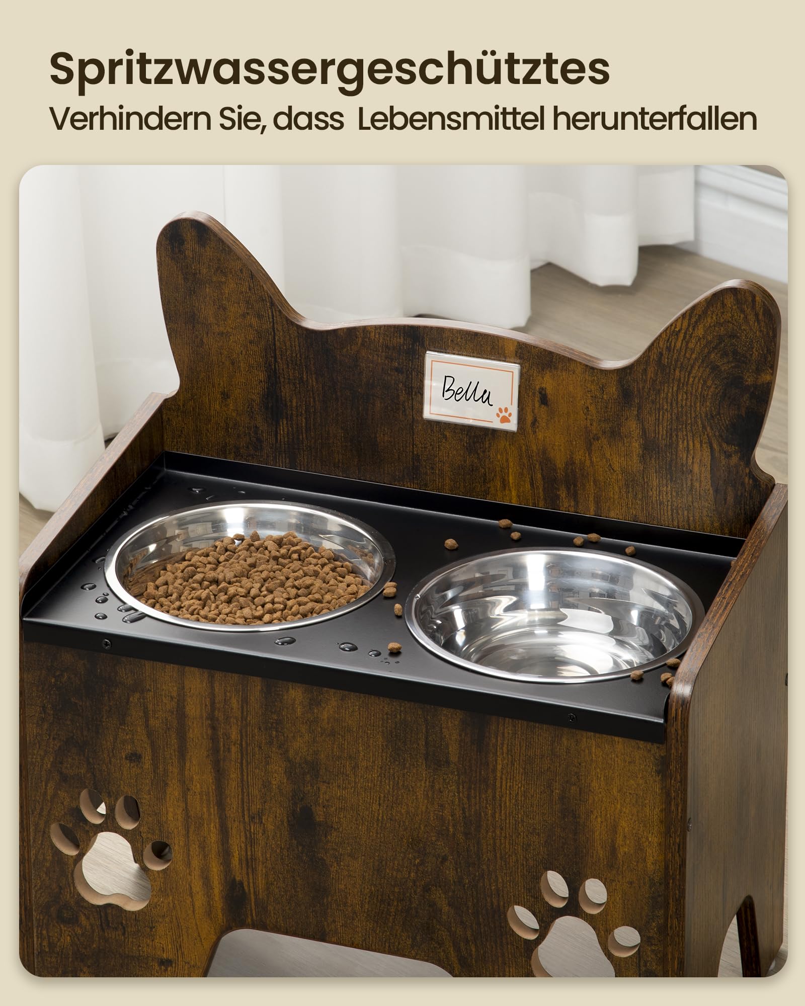 Hzuaneri Erhöhte Hundenäpfe, Erhöhter Hundenapf, Hundenapfständer mit 2 Edelstahlnäpfen, Auslaufsicheres Hundenapf-Set, Futternäpfe, für Kleine Mittlere Große Hunde, Vintagebraun und Schwarz PB07101B