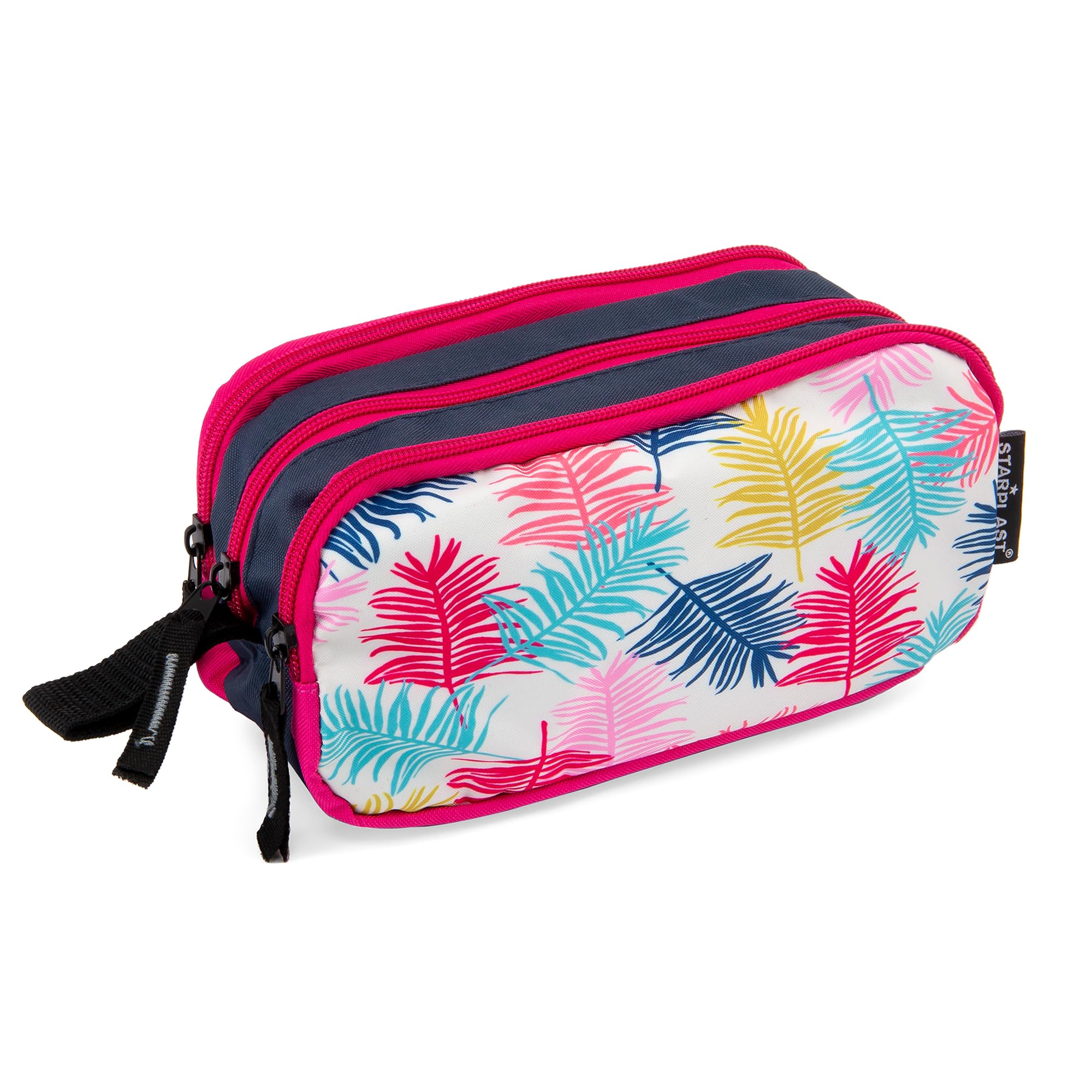 Starplast Estuche Escolar Porta Todo, 3 Cremalleras, 3 Compartimentos, Gran Capacidad, Multiuso, para Uso Escolar, Trabajo, Universidad - Hojas