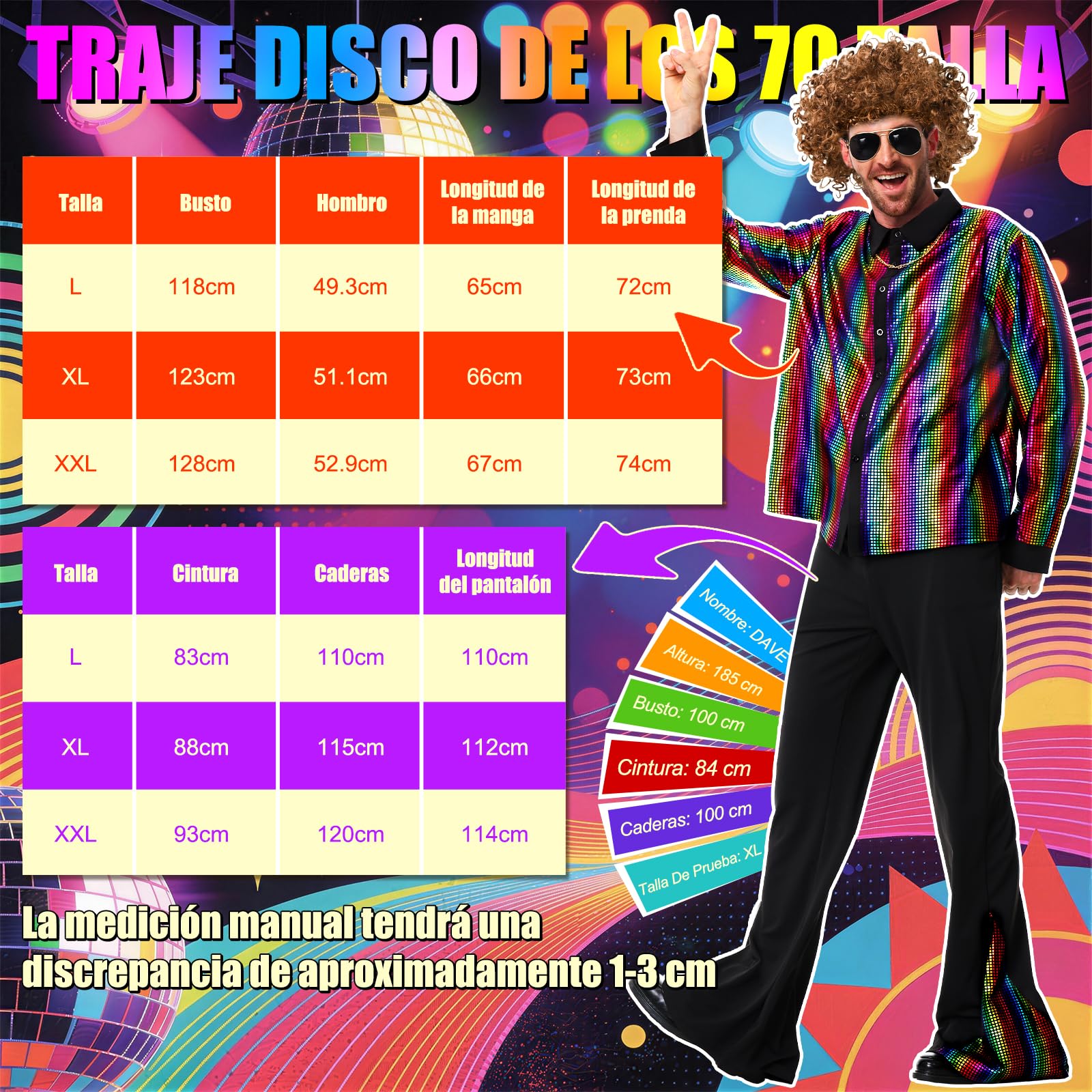 PATEMZON Disfraz de Discoteca para Hombre, 70s Disco Adulto Costumes Disfraz Hippie, Camisa Retro Pantalones de Campana Peluca Gafas de Collar Bigote para Carnaval y Fiesta Temática