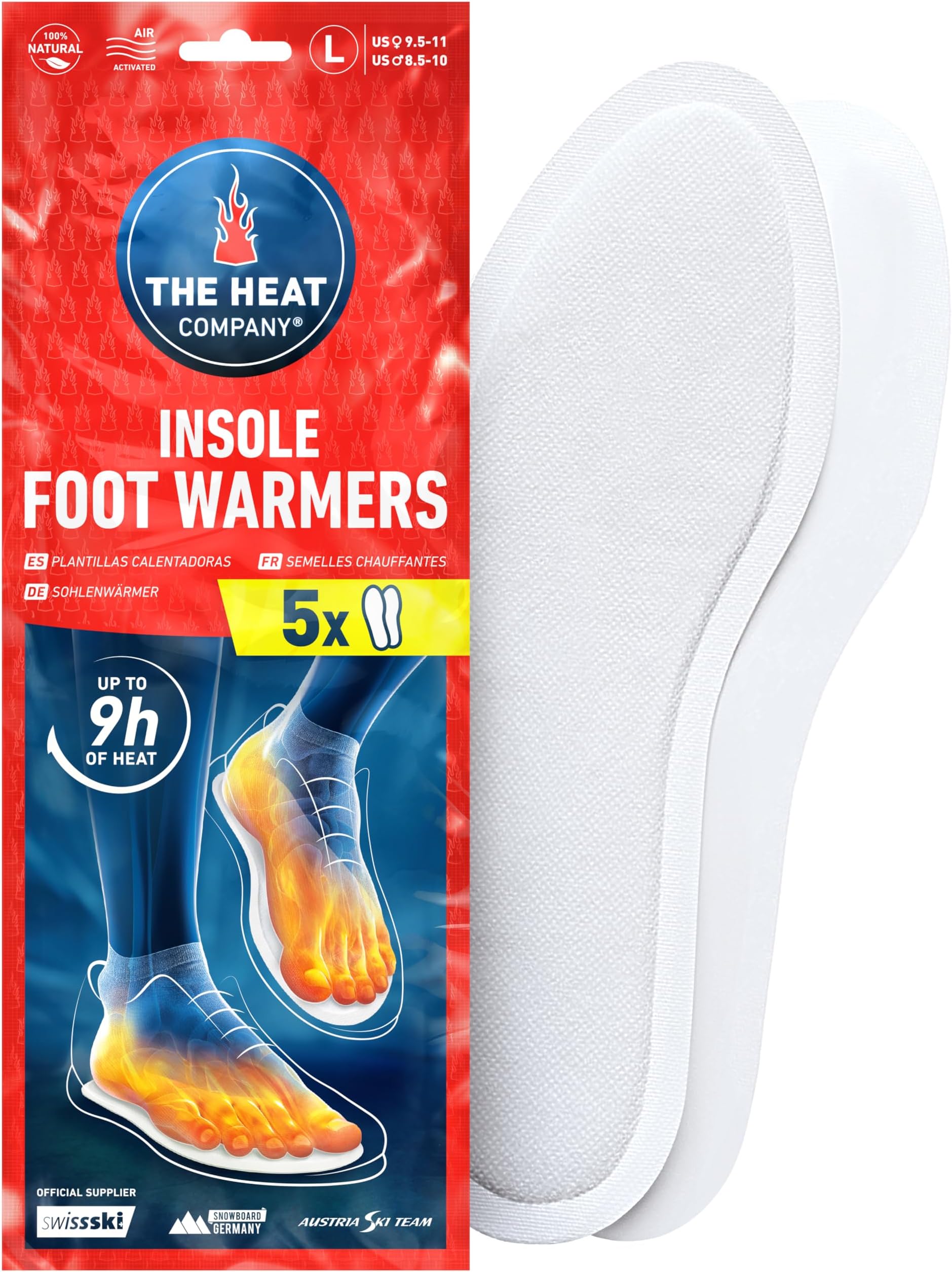 THE HEAT COMPANY Insole Foot Warmers - 6, 12 or 32 Pairs – S, M, L, XL – 9h of Warmth - Air Activated Feet Warmers - Purely Natural - Toe Warmers for Feet - Insole Foot Warmers for Women & Men