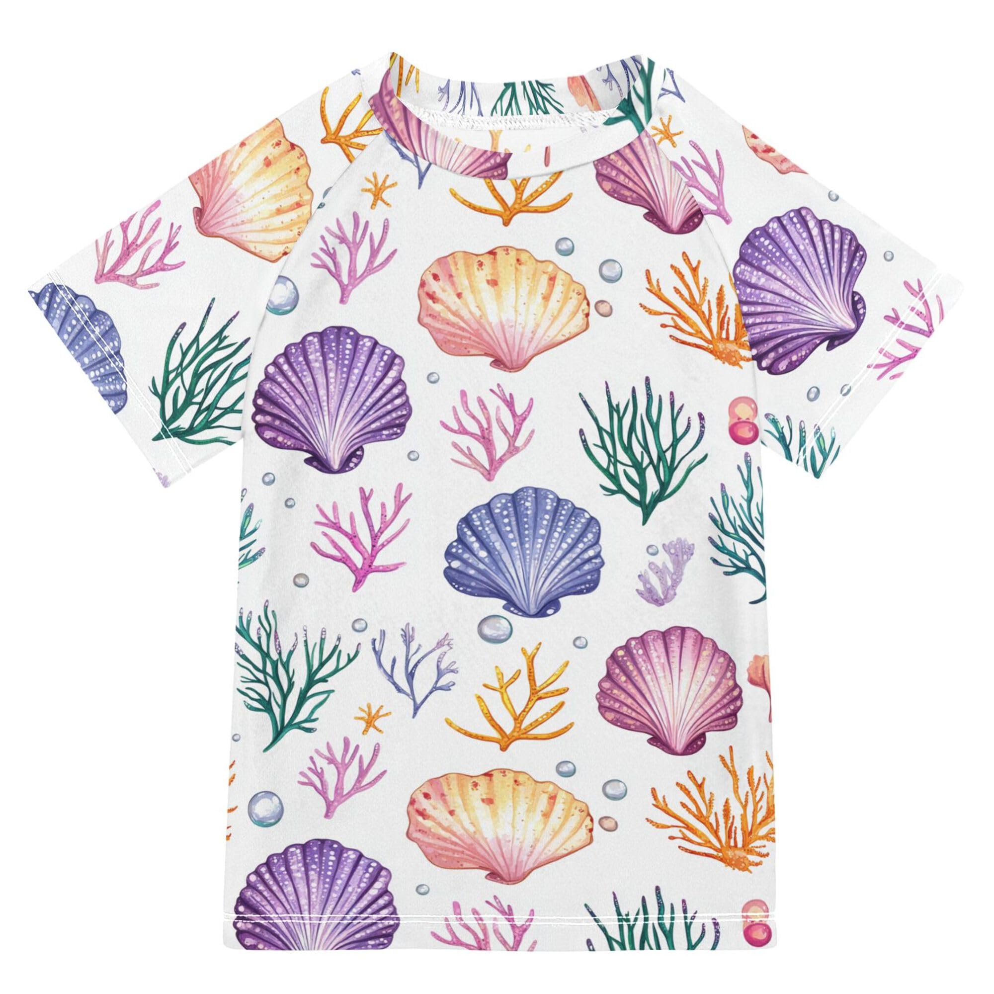 Cute Scallop White Kids Bathing Suit Sun Protection Kids Rash Guard Swim Girls Swimwears Boys Basketball Shirt for Big Boy 4T