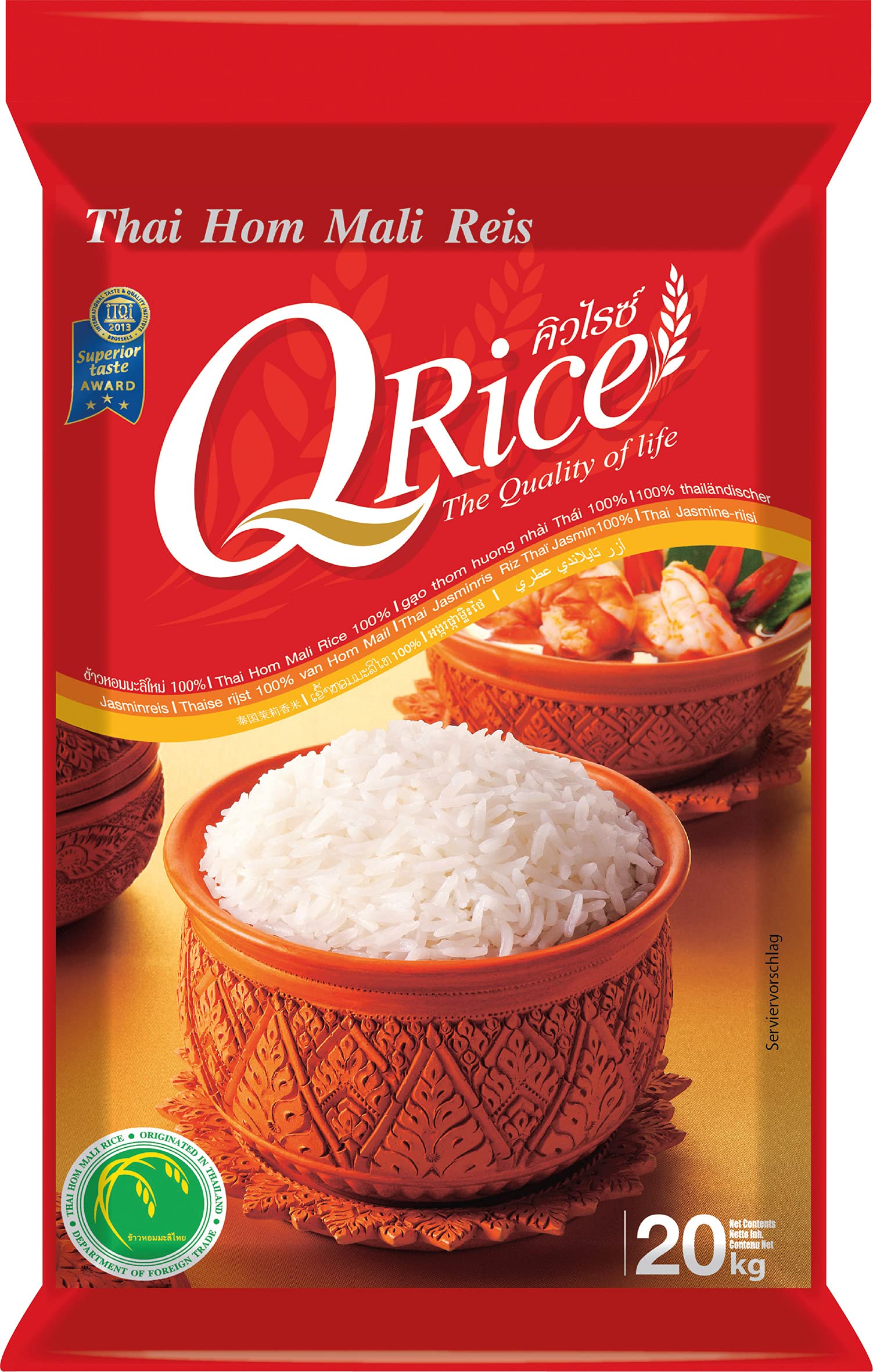 Q RICE | Jasmin Reis 100% Langkorn aus Thailand | Duftend aromatisch mit leicht klebriger Textur | Ideal für Currys, Bowls & asiatische Gerichte | 1 x 20 kg