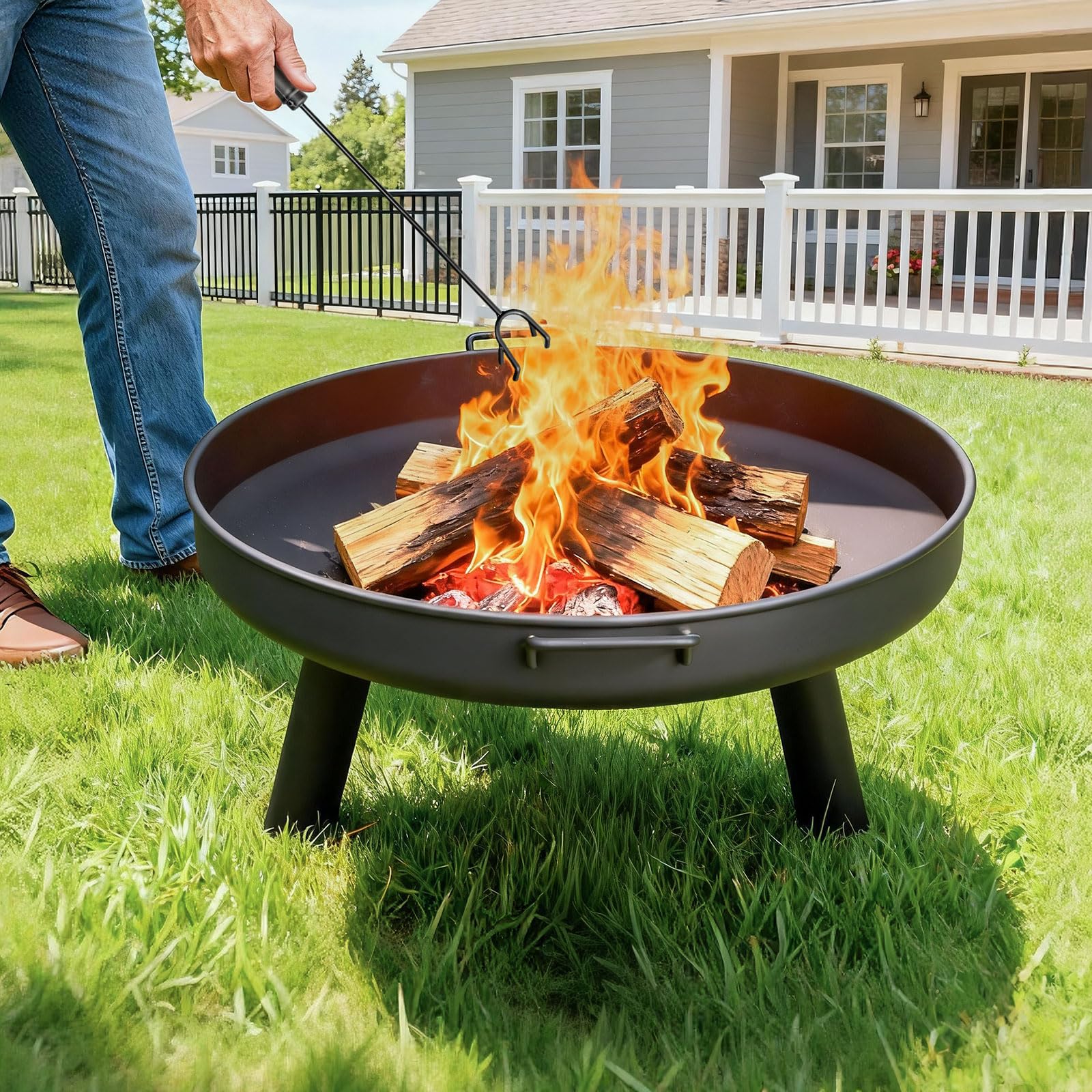 LEADZM Braciere Ø 70 cm struttura in ferro | con 2 manici robusti + ganci per fuoco, braciere per legno e carbone, braciere come braciere per giardino, terrazza, fuochi da falò, colore nero