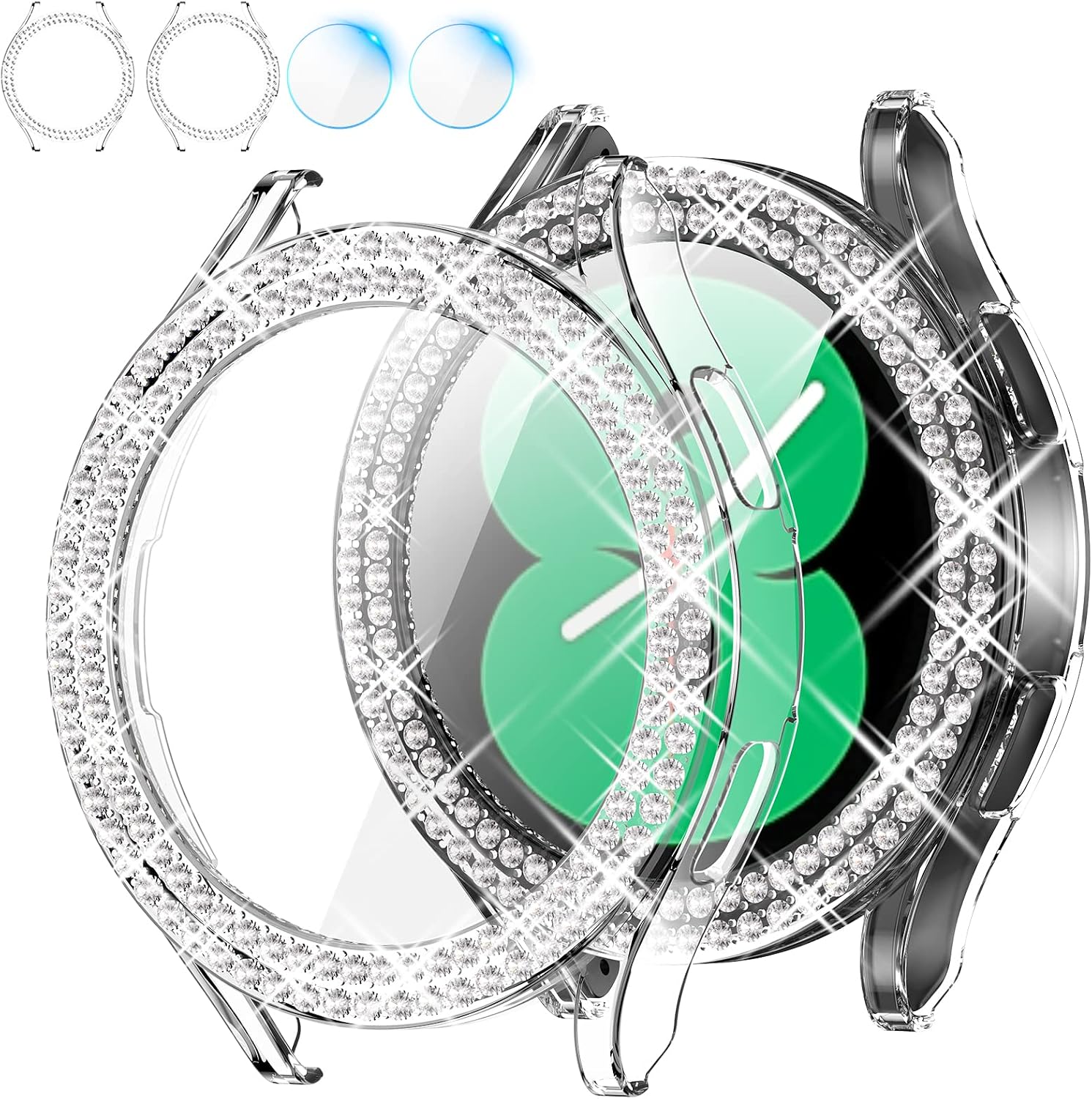 [ 2+2 Pack ] Goton for Samsung Galaxy Watch 4 Screen Protector and case 44mm, Bling PC Diamonds Cover Bumper with Tempered Glass Film for Women Girl