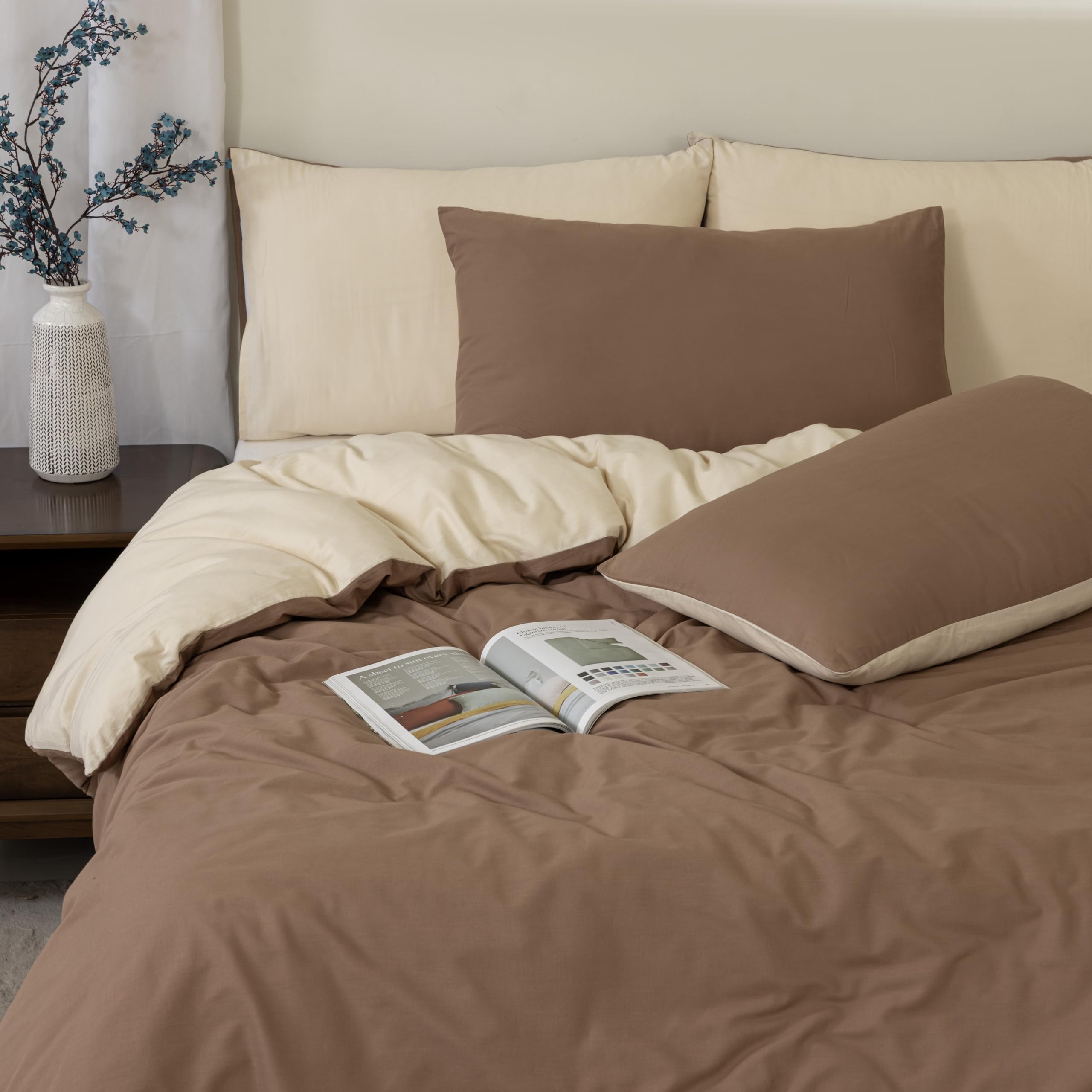 Mhg Living Reversible Brown Super King Duvet Cover Set - Premium 100% Cotton Percale, Button Closure - Brown / Superking
