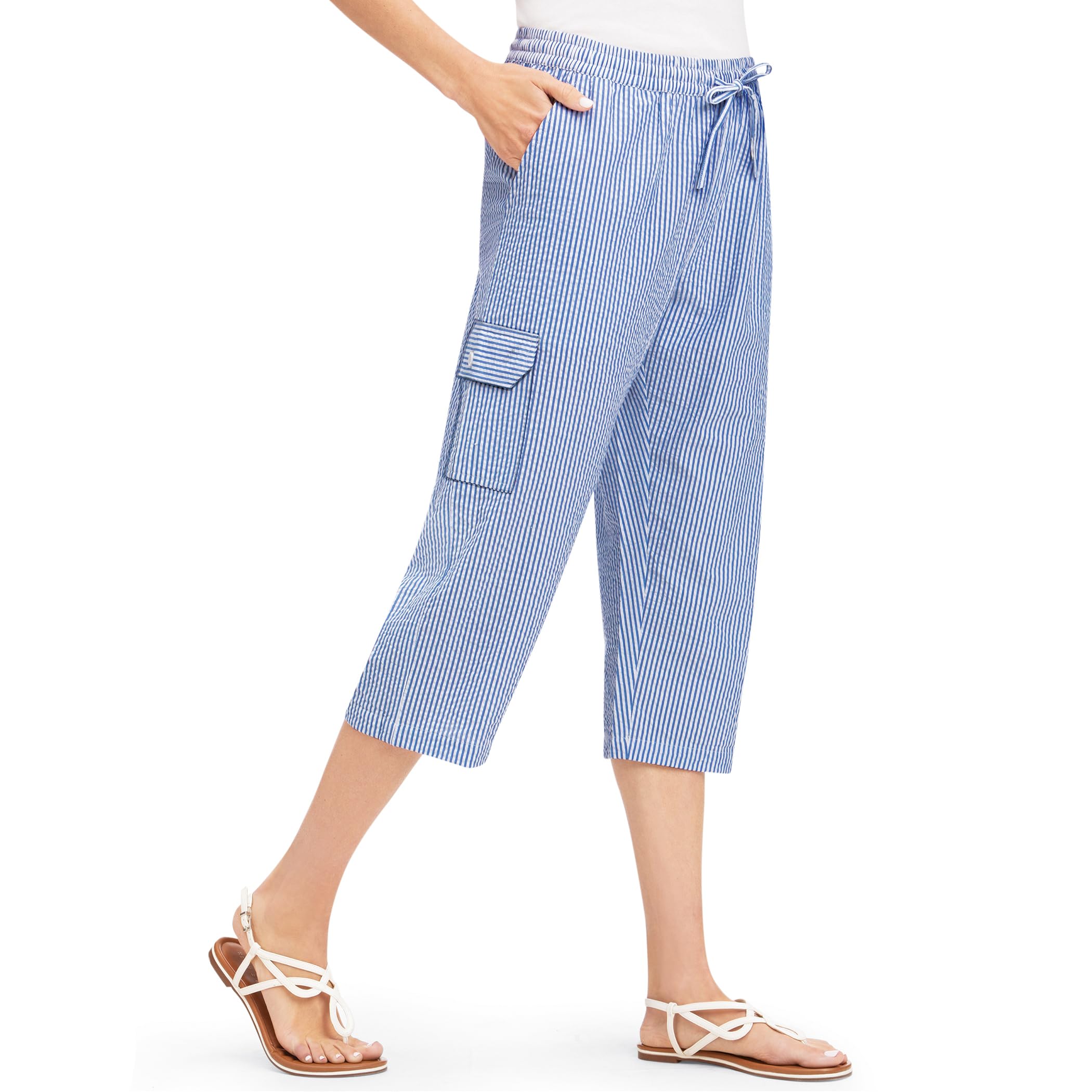 Collections Etc Striped Seersucker Drawstring Cargo Pocket Capri Pants