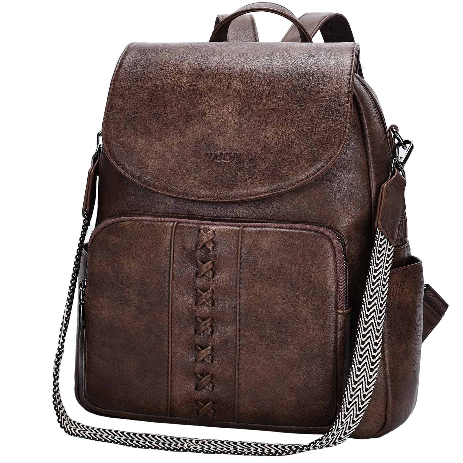 VASCHY Sac à Dos Antivol Femme Cuir, Élégant Sac à Main Porté Dos Bohème Rétro Imperméable avec Bretelle Réglable pour Travail Université Voyage