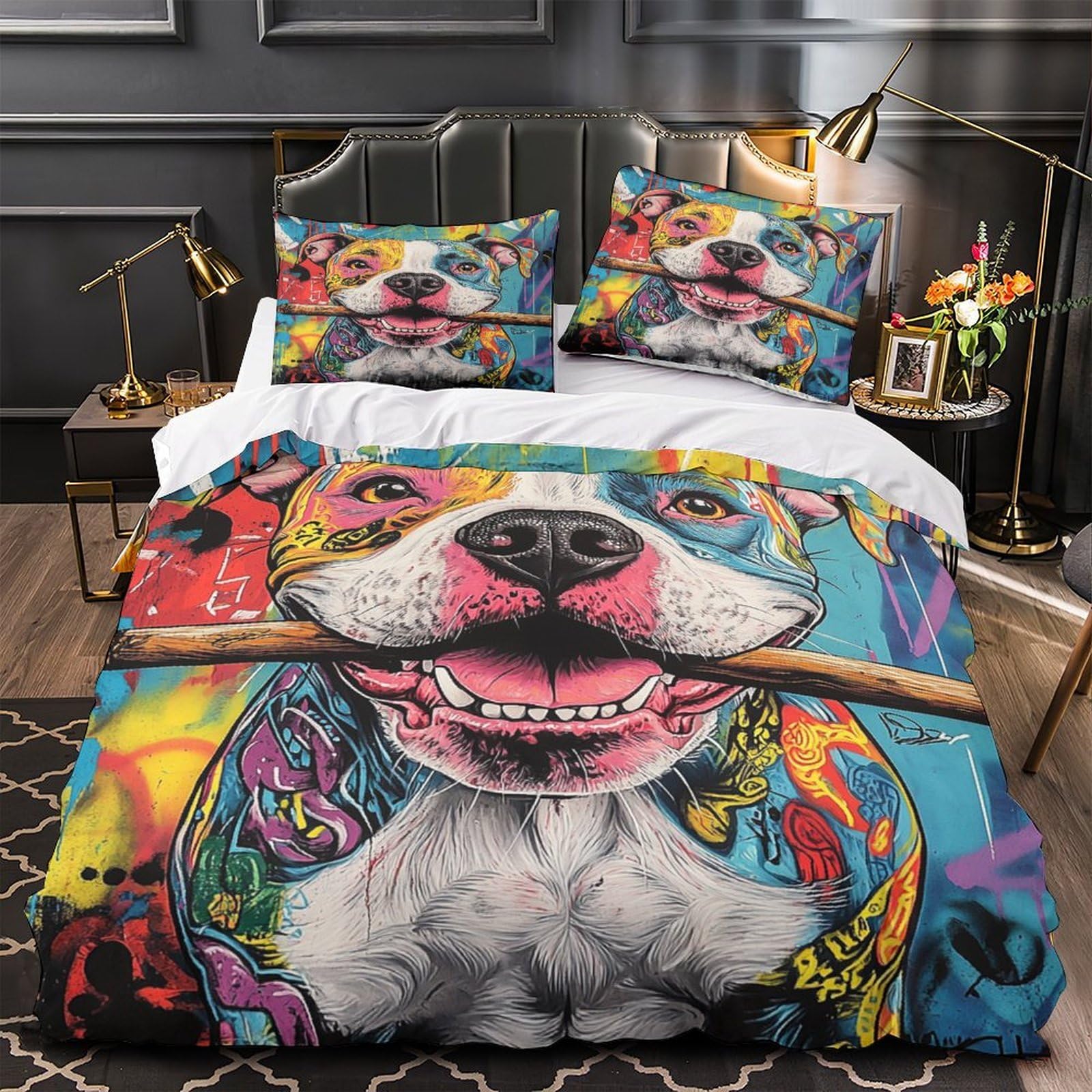 Housse de couette Pitbull 3 pièces motif 3D pour lit double