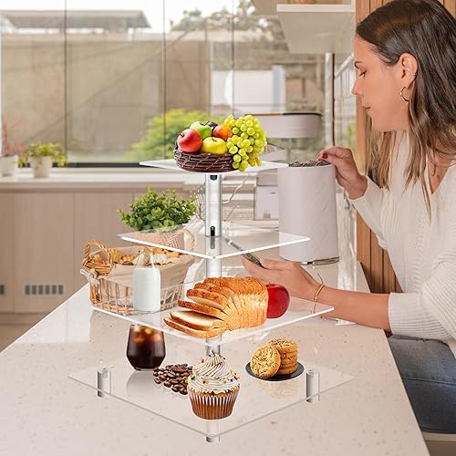 Miniatura 7 de Jusalpha, soporte de acrílico para pastel, cuadrado y resistente, con 4 niveles, torre para exhibir postres, Transparente