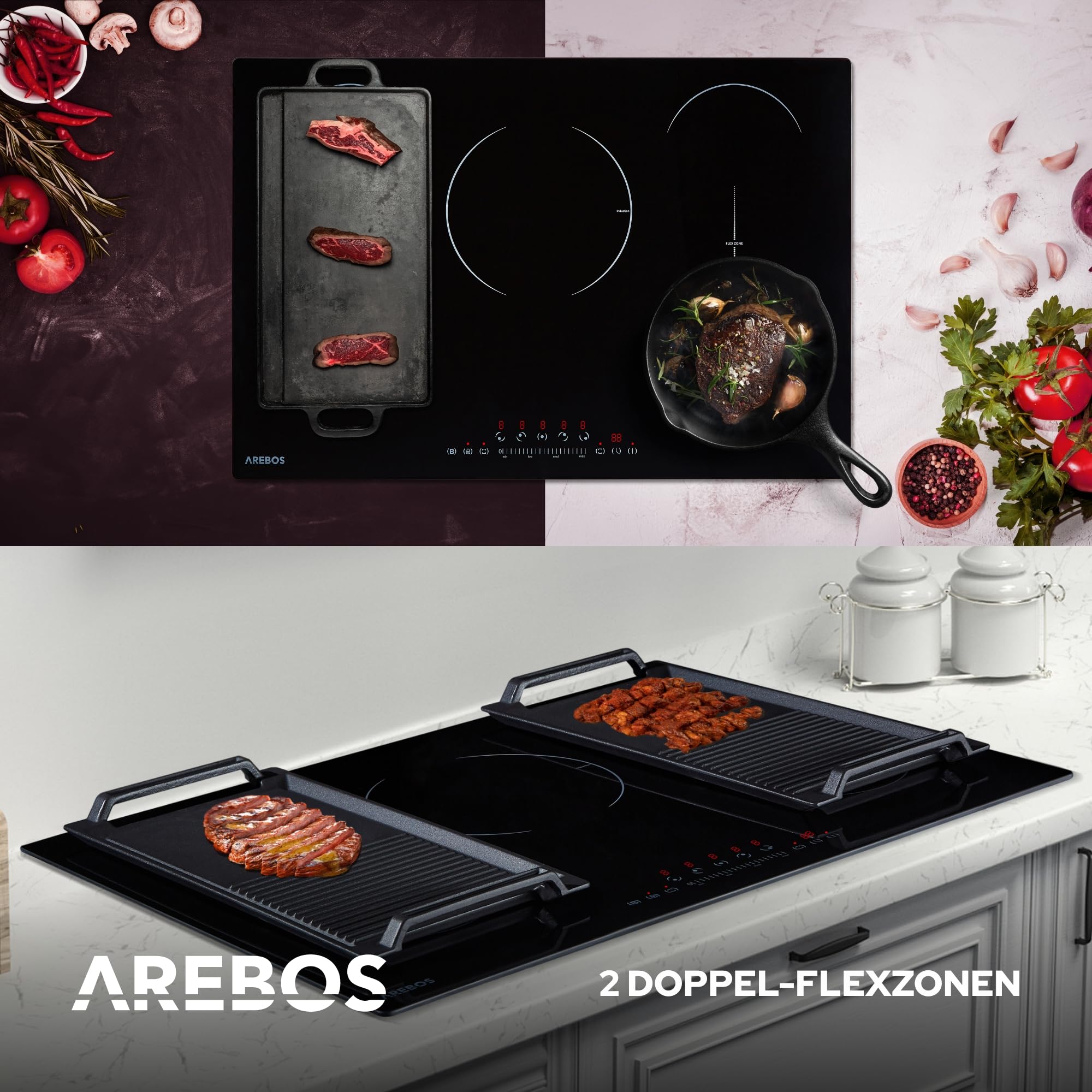 Arebos Induktionskochfeld mit Booster-Funktion | 9800 W | 5 Kochfelder 2 Flexzonen | 77 cm | Autark Schnellaufheizung | mit Sensor Touch, Timer, Kindersicherung, Überhitzungsschutz, Autoabschaltung