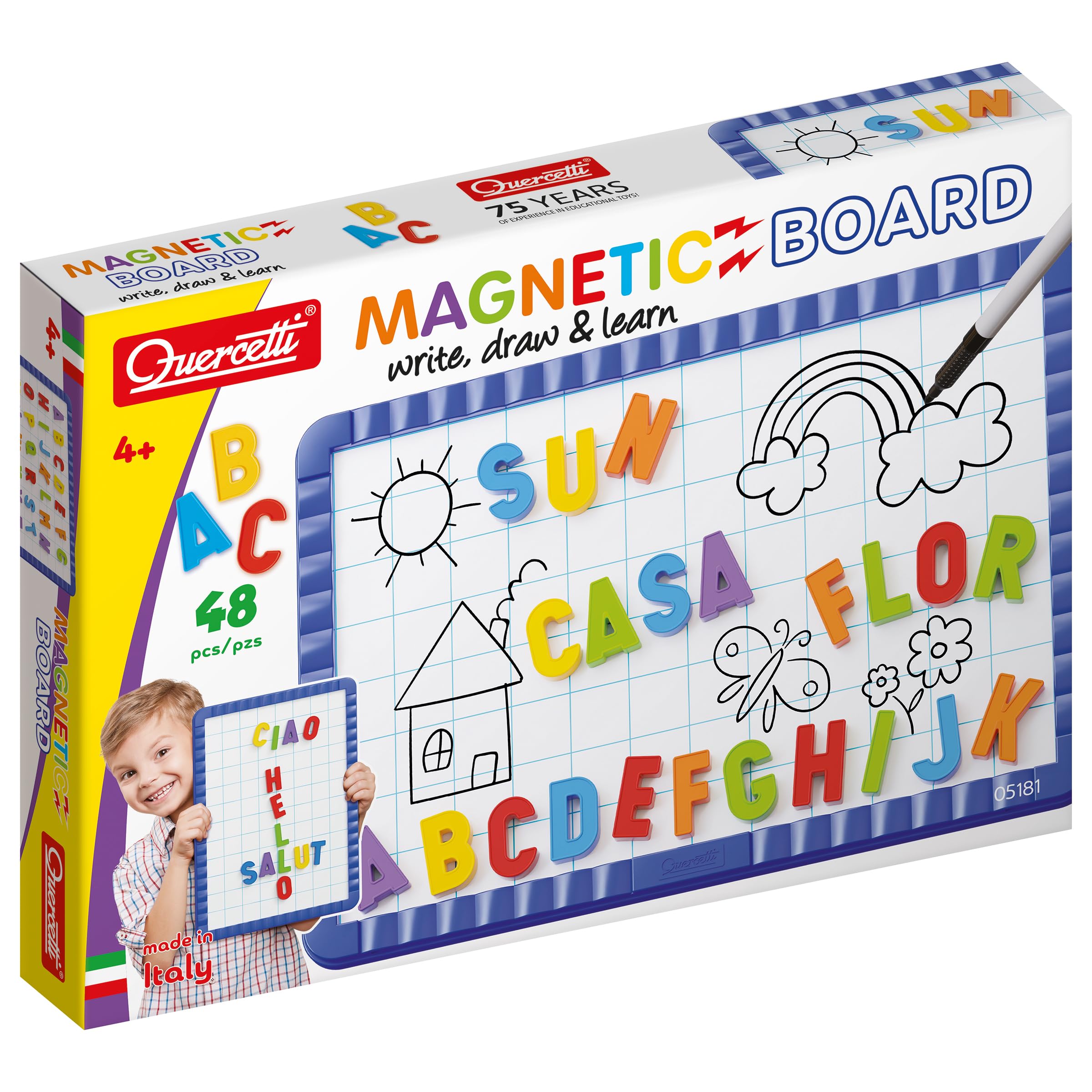 Quercetti Magnetino Letters Basic, Lavagna Magnetica per Bambini con 48 Lettere Magnetiche per Bambini, Gioco Educativo 4 Anni per Imparare l’Alfabeto, Made in Italy