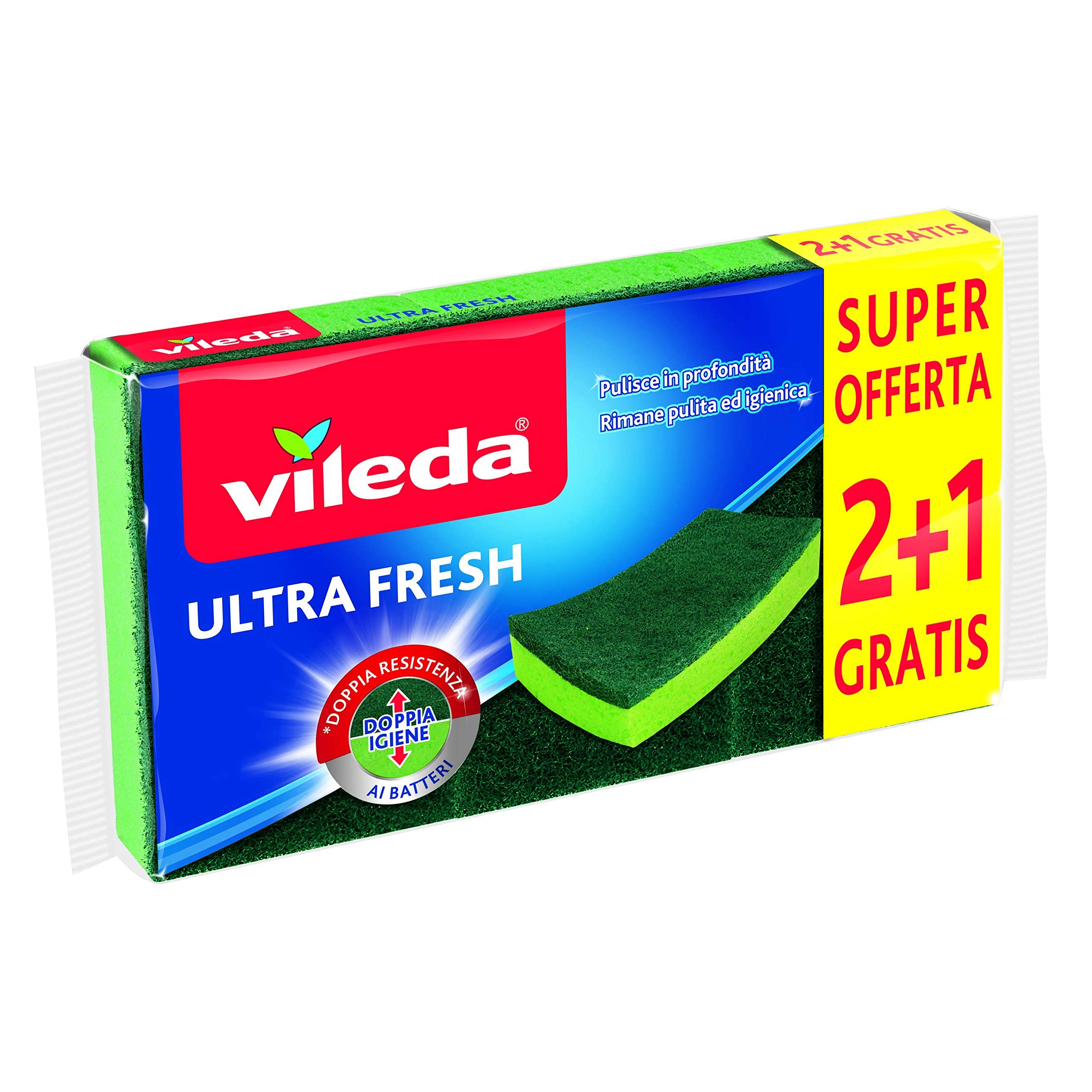Vileda Ultra Fresh Spugna Abrasiva, Assorbente, Antigraffio, con Parte Fibrosa, Trattamento Antibatterico, Formato 2+1, Verde