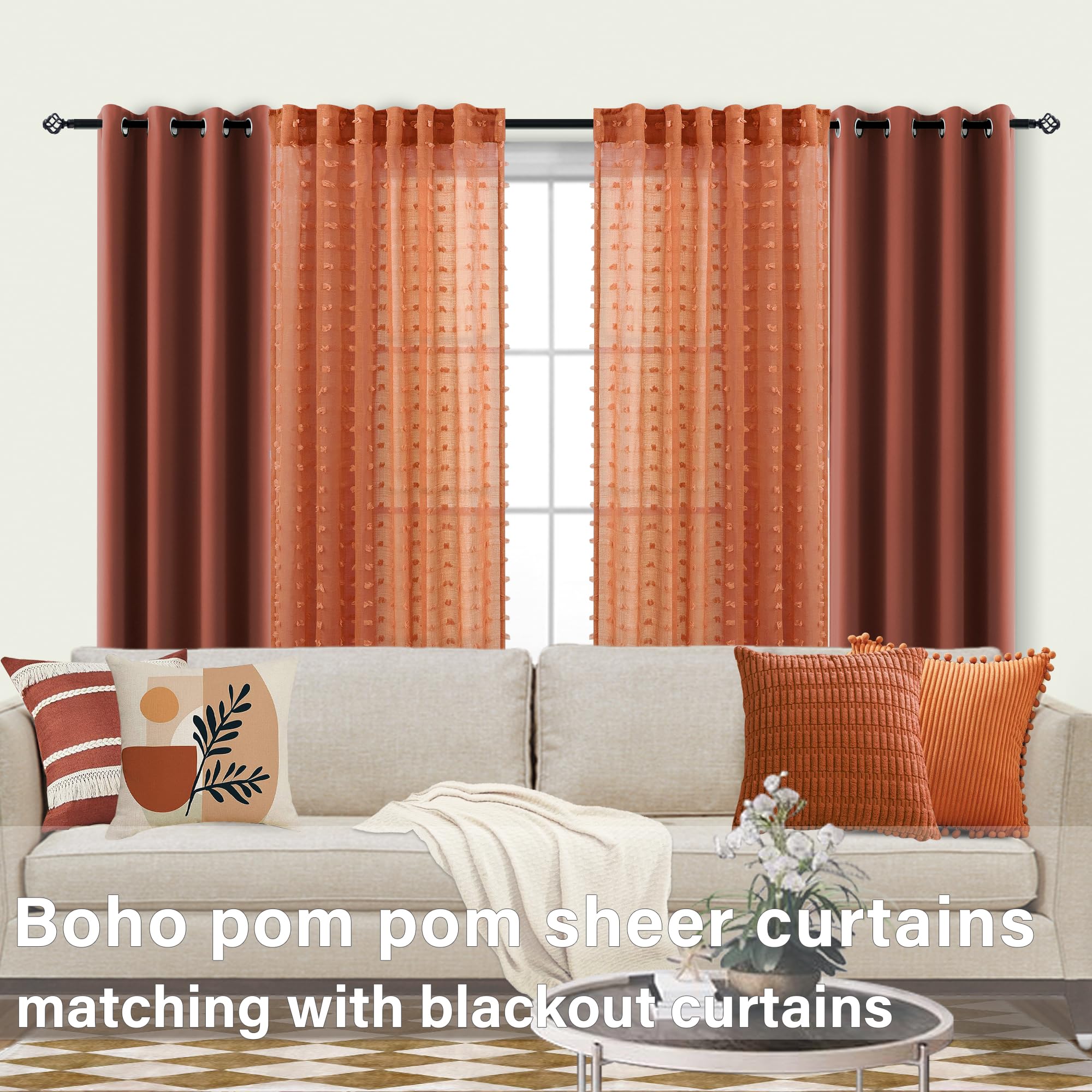 KOUFALL Rust Curtains 84 Inches Long for Living Room Boho Window Sheer Dark Burnt Orange Curtain Panles for Bedroom 84 Inch Length Pair Set of 2,Terracotta Colored - Image 3