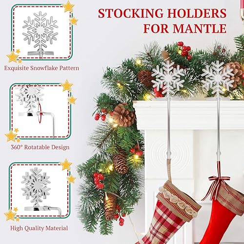 Miniatura 5 de CONMISE Juego de 6 soportes para calcetines de Navidad, soportes para calcetines de copo de nieve para manto, ganchos plateados para chimenea,