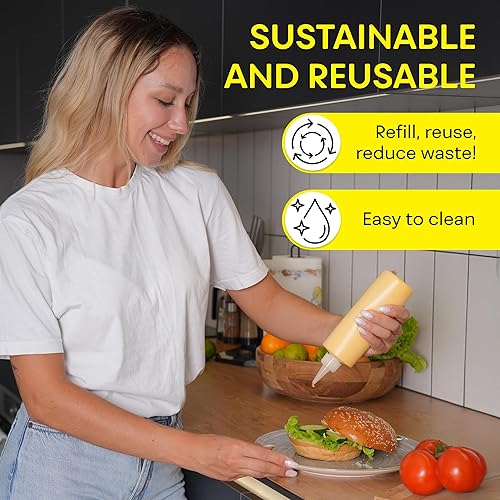 Miniatura 7 de BRIGHTFROM Botellas exprimibles para condimentos, botella vacía de 12 onzas con tapa superior roja, a prueba de fugas, ideal para salsa de tomate,