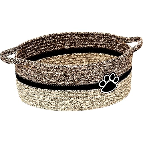 Small Woven Baskets for Organizing Rope Storage Basket with Handle Cute Cotton Basket for Nursery Gift Dog Toy Storage Bins for Toy Organizer-Black&Brown