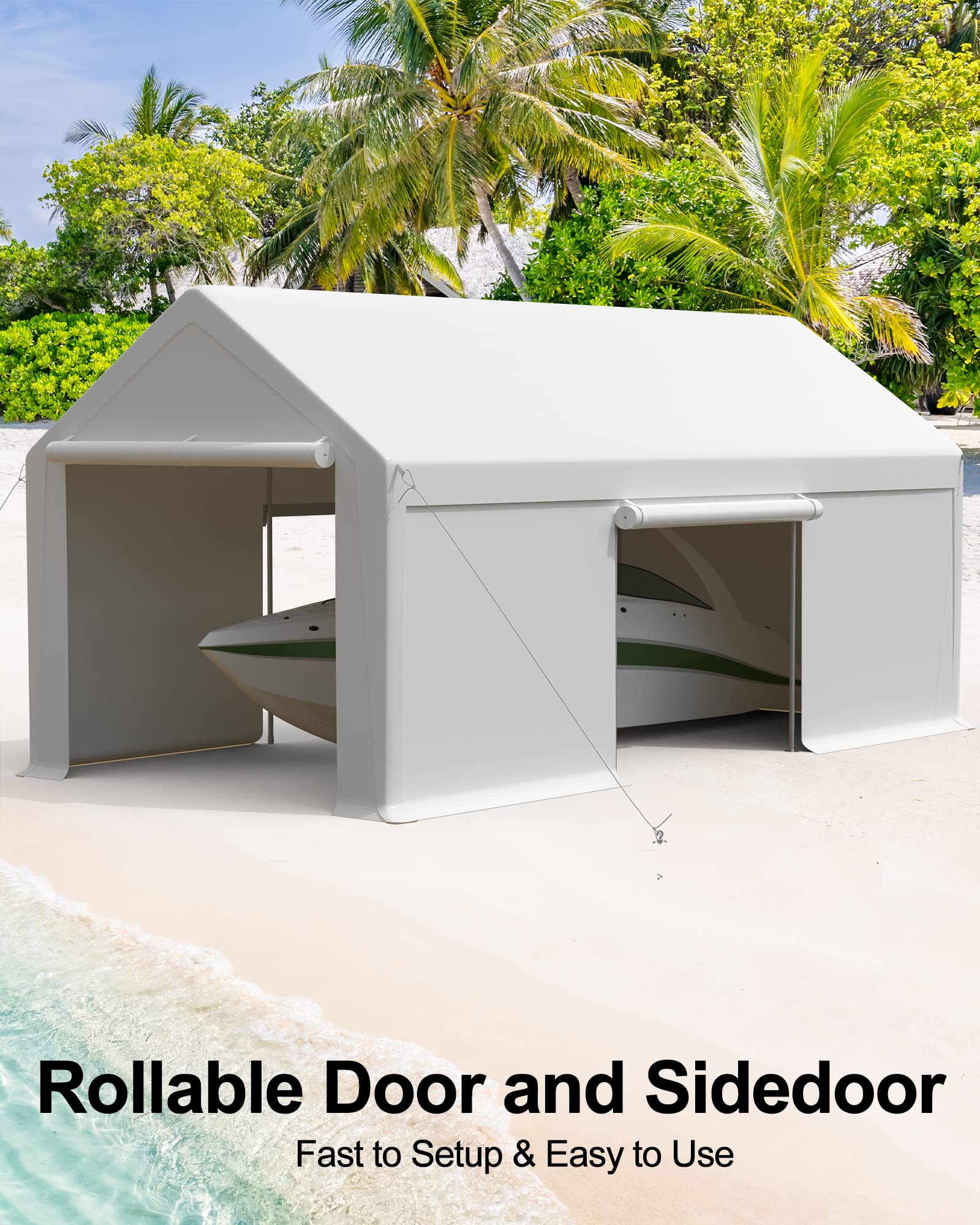 DEXSO Carport 10'x20' Heavy Duty Steel Canopy Height Adjustable & Portable Garage with Roll-up Ventilated Side Doors for Truck Boat Car Port, Party, Equipment Placement, White