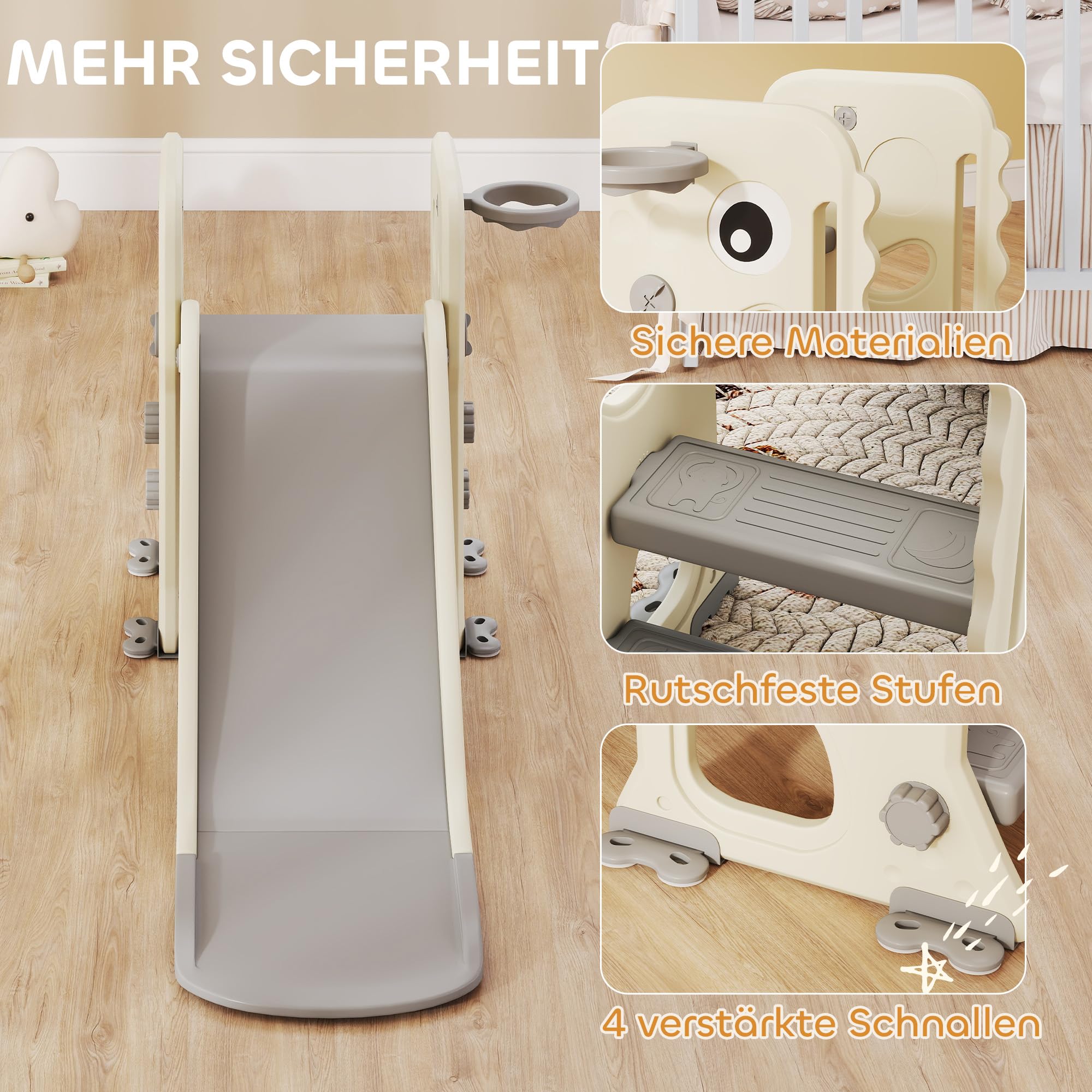 AIYAPLAY Kinderrutsche 3 in 1 klappbar für Kinder 2-5 Jahre Cremeweiß | Kleinkinderrutsche mit Basketballkorb, Rutsche, Klettergerüst, Basketball, Indoor & Outdoor