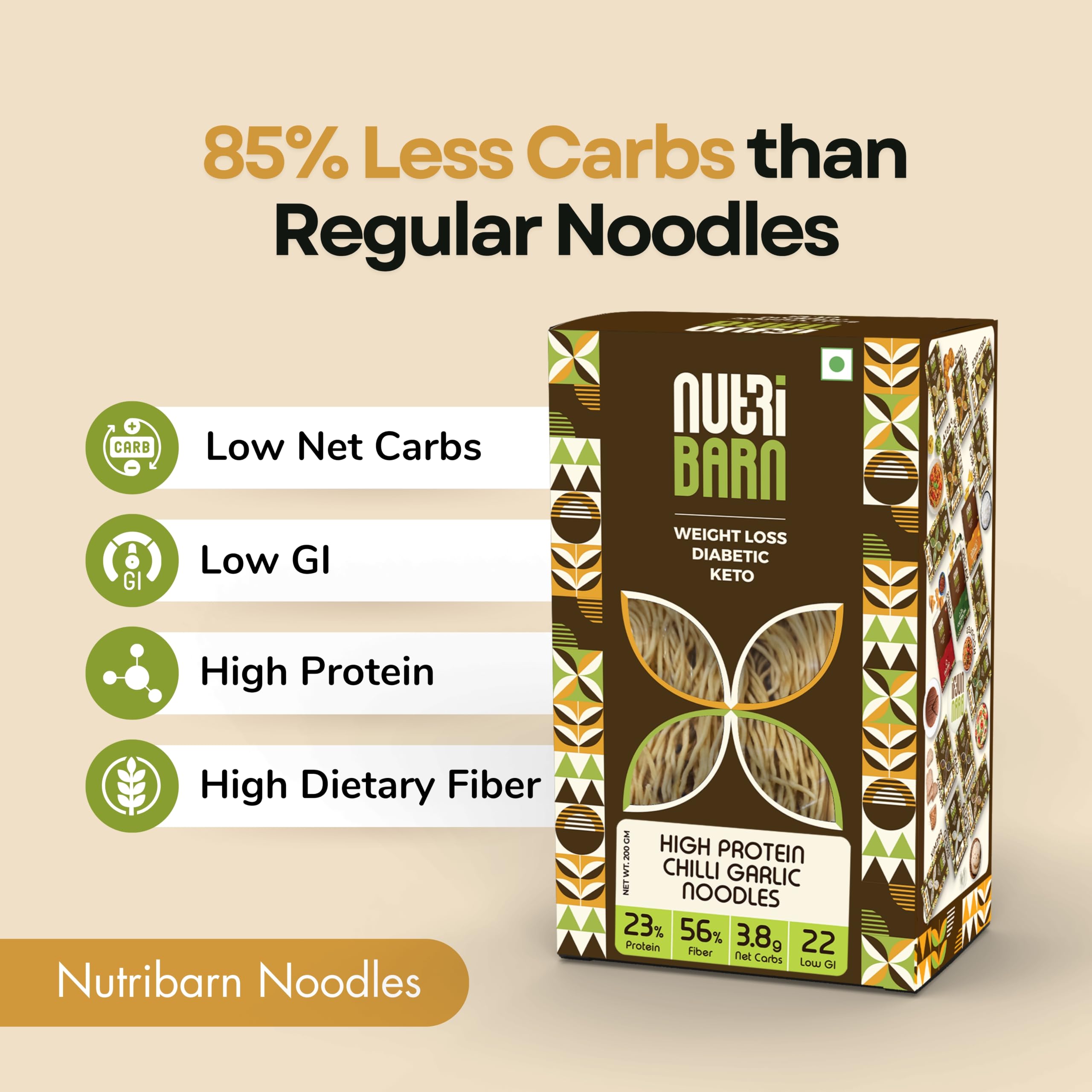 Nutribarn Keto Chilli Garlic Noodles Spaghetti, 200 Gms, 1 Pack, 3.5g Net Carb & 16g High Protein/Serv, Identical to Regular Noodles, Ultra Low Carb, Pre-Biotic High Fibre, For Keto Diet & Weight Loss 2