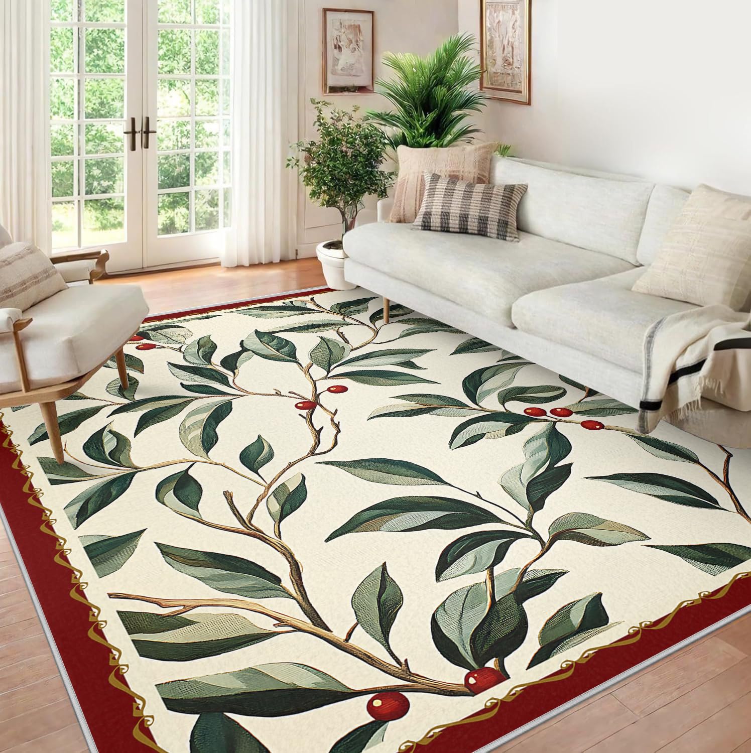 Tapis floral lavable 150x210cm vert saule et rouge pour salon et chambre