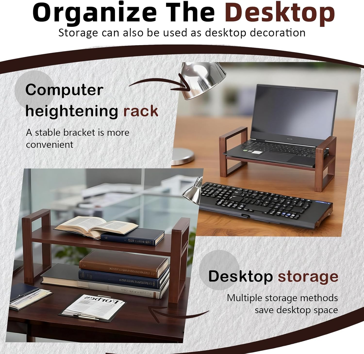 Desk Shelf, 100% Solid Wood Adjustable Desktop Bookshelf, No Tools, Nails or Glue Required for 130lb Load Capacity for Living Room, Office, Books, Cookbooks, Interlocking Joints Walnut Colour