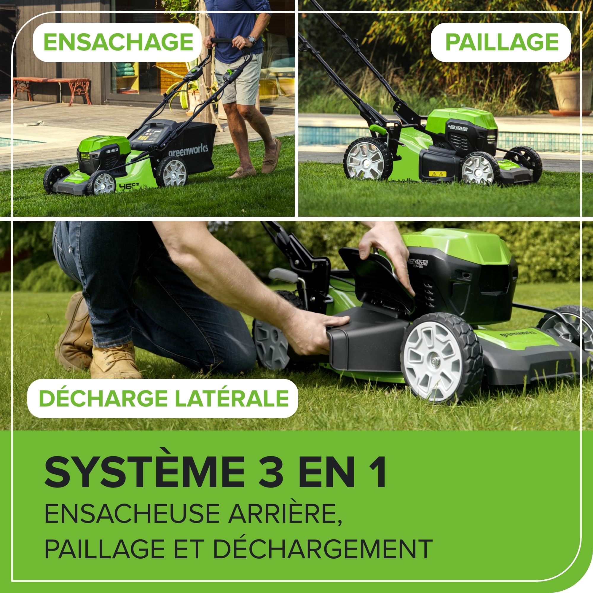 Greenworks 48V (24V x 2) Tondeuse à Gazon Sans Fil Autopropulsée, Largeur de Coupe 46cm, Sac 55L, 2x24V 4Ah, Chargeur Double
