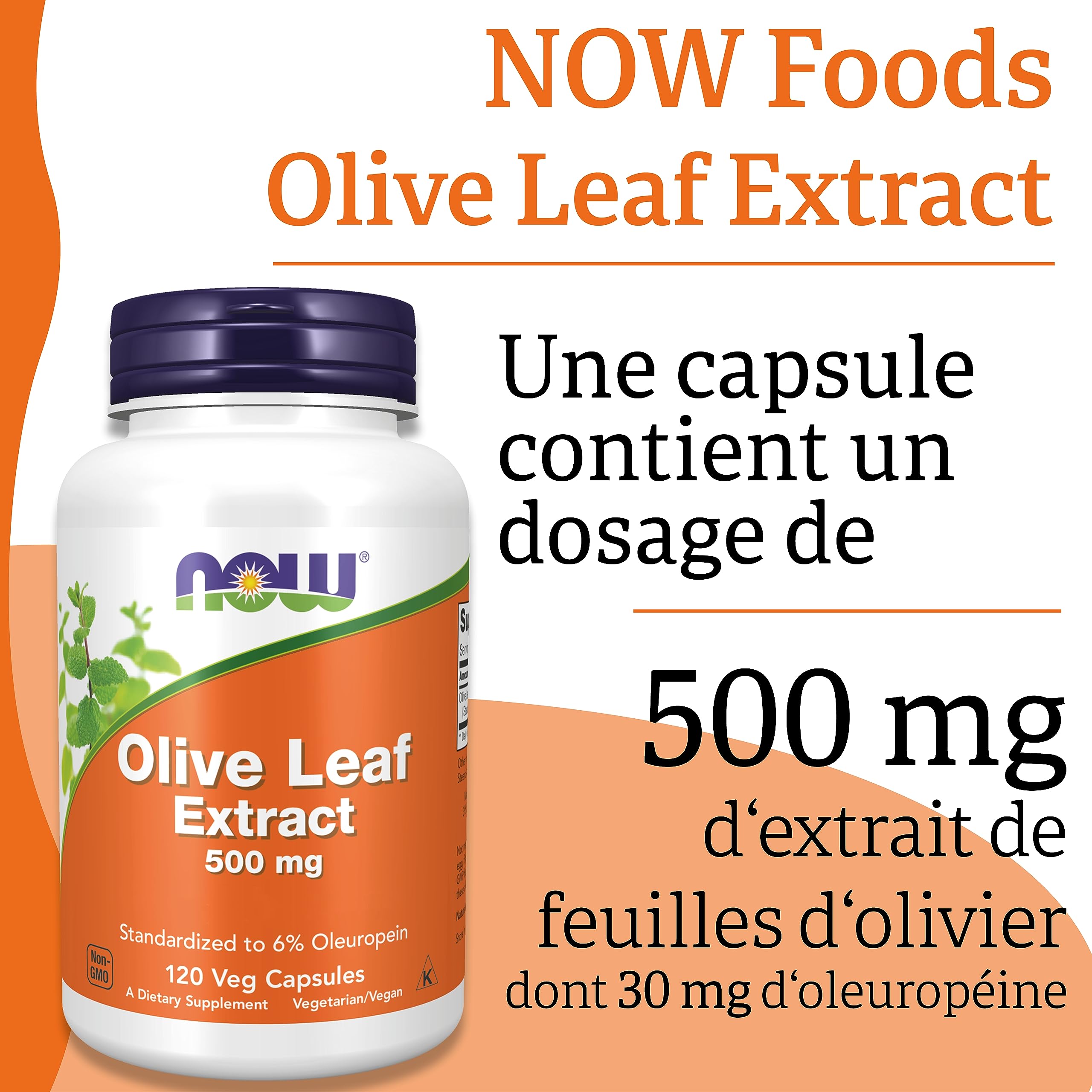 Now Foods, Olive Leaf Extract (Extrait de Feuille d'Olivier), 500mg, 120 Capsules végétaliennes, Testé en Laboratoire, Sans Soja, Sans Gluten, Végétarien, Sans OGM