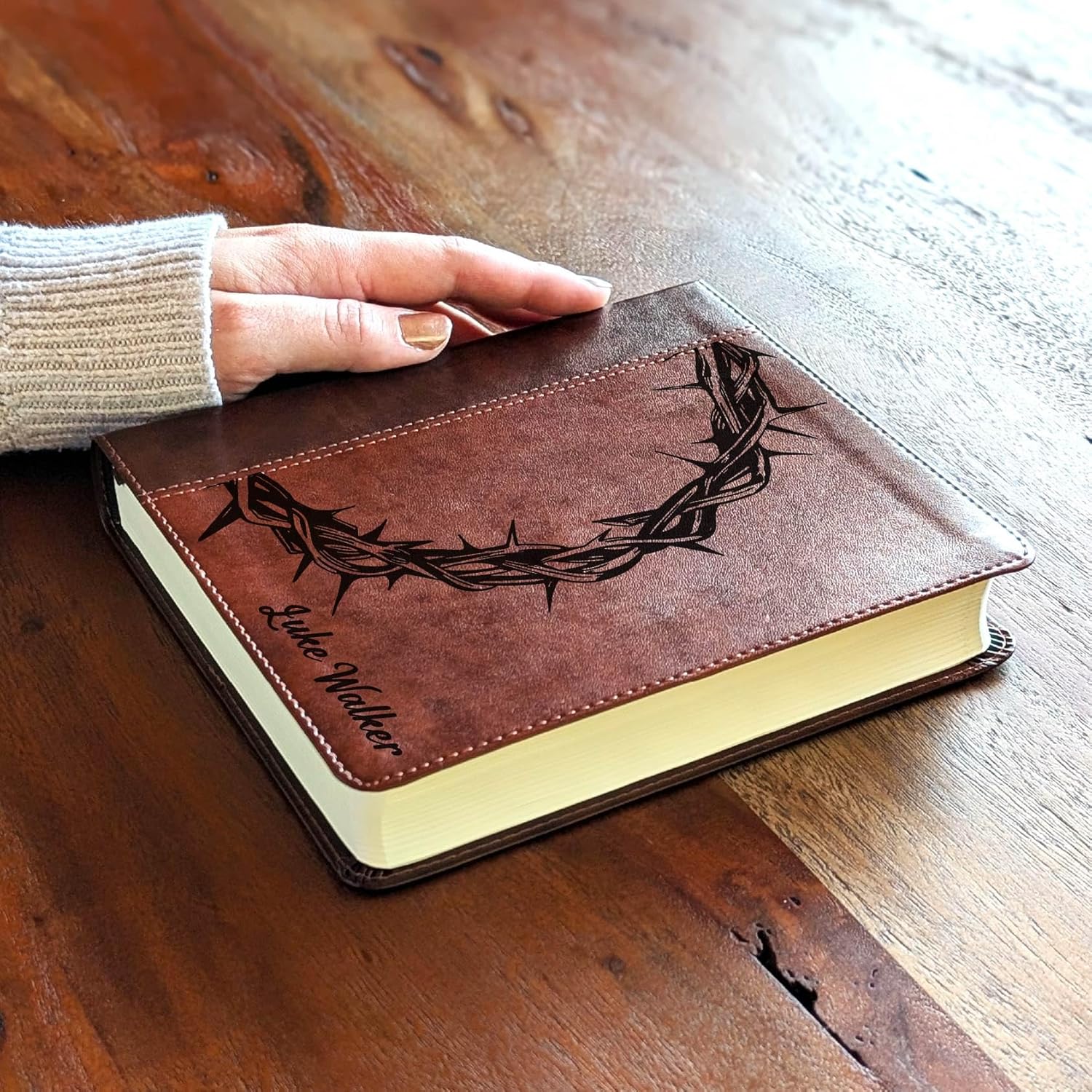 Personalized ESV Journaling Bible – Brown/Tan TruTone Faux Leather Timeless Design | English Standard Version Single-Column Bible with 2″ Ruled Margins for Notes & Prayers (Crown of Thorns)