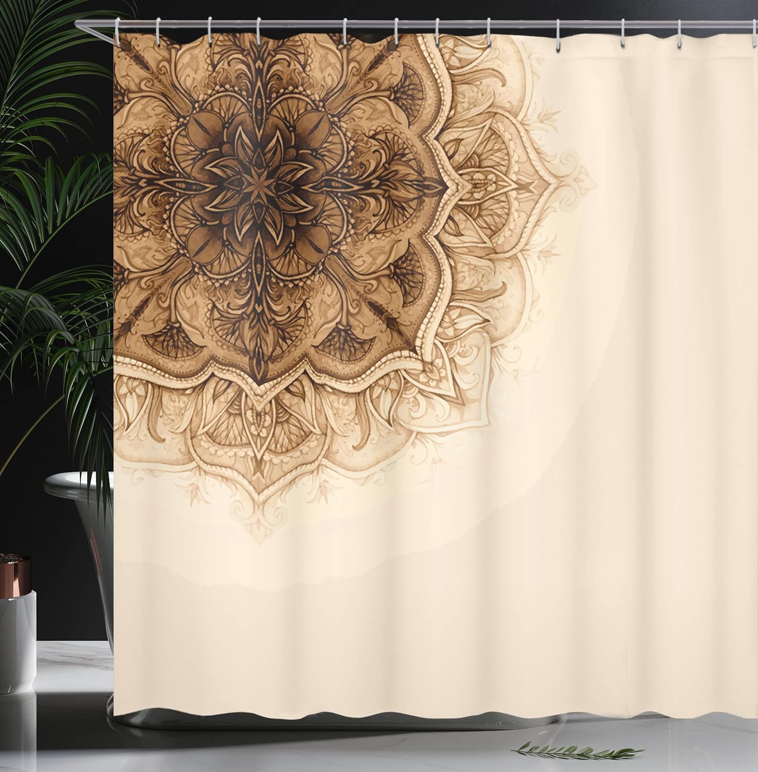 Ambesonne Folk Shower Curtain, Vintage Hand Drawn Style Mandala Artwork Corner Ornament Ottoman Culture Art Elements, Cloth Fabric Bathroom Decor Set with Hooks, 69" W x 70" L, Brown Tan