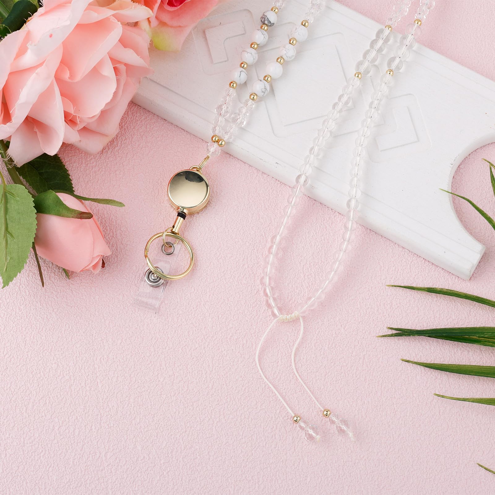 Retractable Lanyards for ID Badges, Natural Stone Beaded Teacher Necklace Lanyard with ID Holder Breakaway Cute Work Badges for Cards and Keys Ideal for Cruise Office School (White) - Image 3