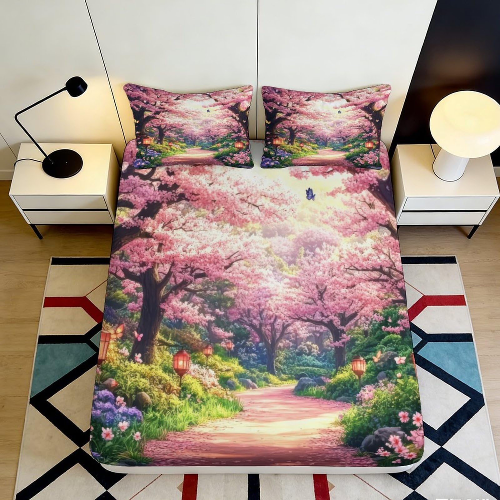 Pnayamiorkfel Style-10 3D Printed Sakura Blossom Fitted Sheet Microfiber Soft Breathable Japanese Garden Bed Cover For Bedroom Guest Room 90X200x25cm