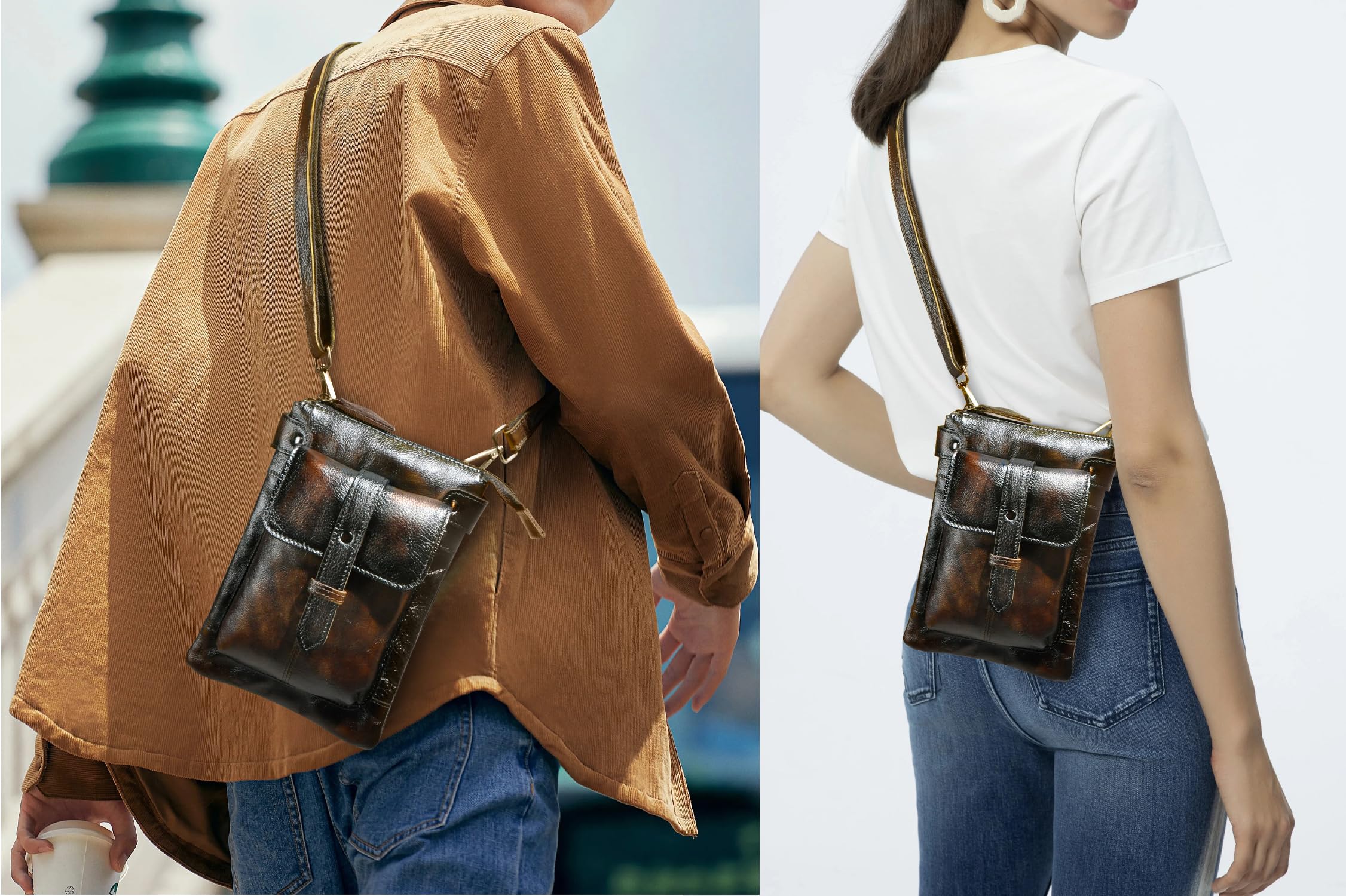 Le'aokuu Uomini Vera Pelle Viaggio Hip Bum Marsupio Fanny Belt Borsa a tracolla piccola 8711 (8711 Marrone scuro)