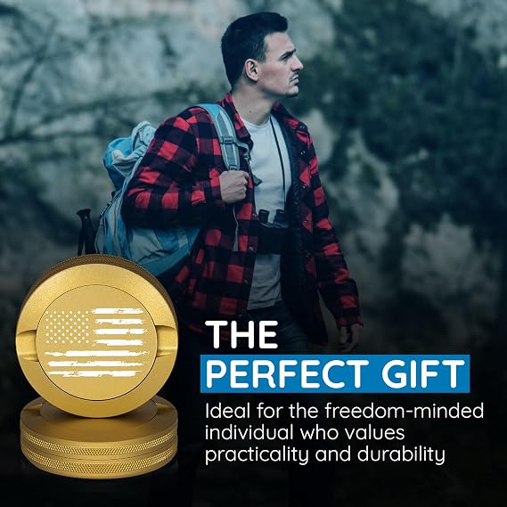 Premium Pouch Container | Metal Can | Moisture & Odor Proof Snus Can | Accessories | Laser Engraved American Flag Design (Gold)