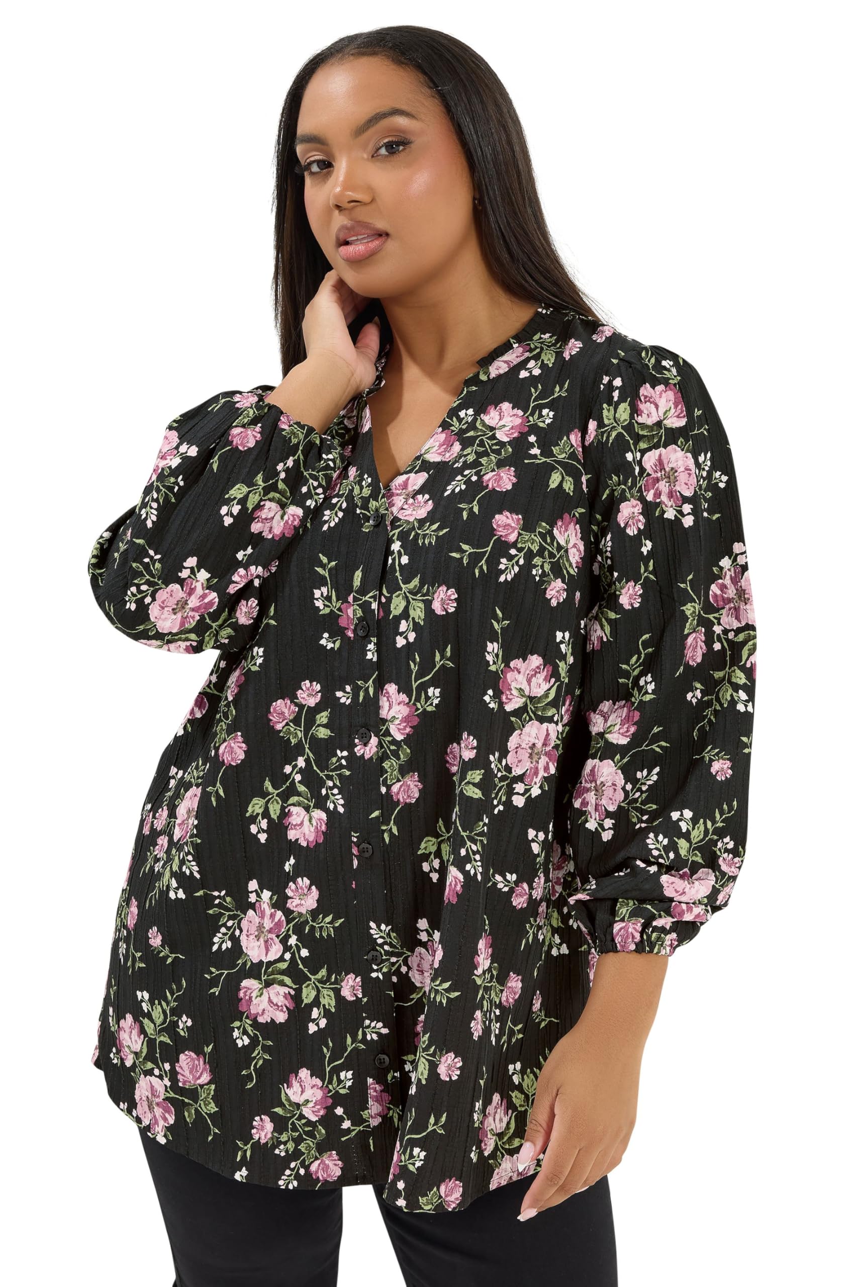 Yours Women's Black Floral Notch Neck Blouse In | Size: 22-24