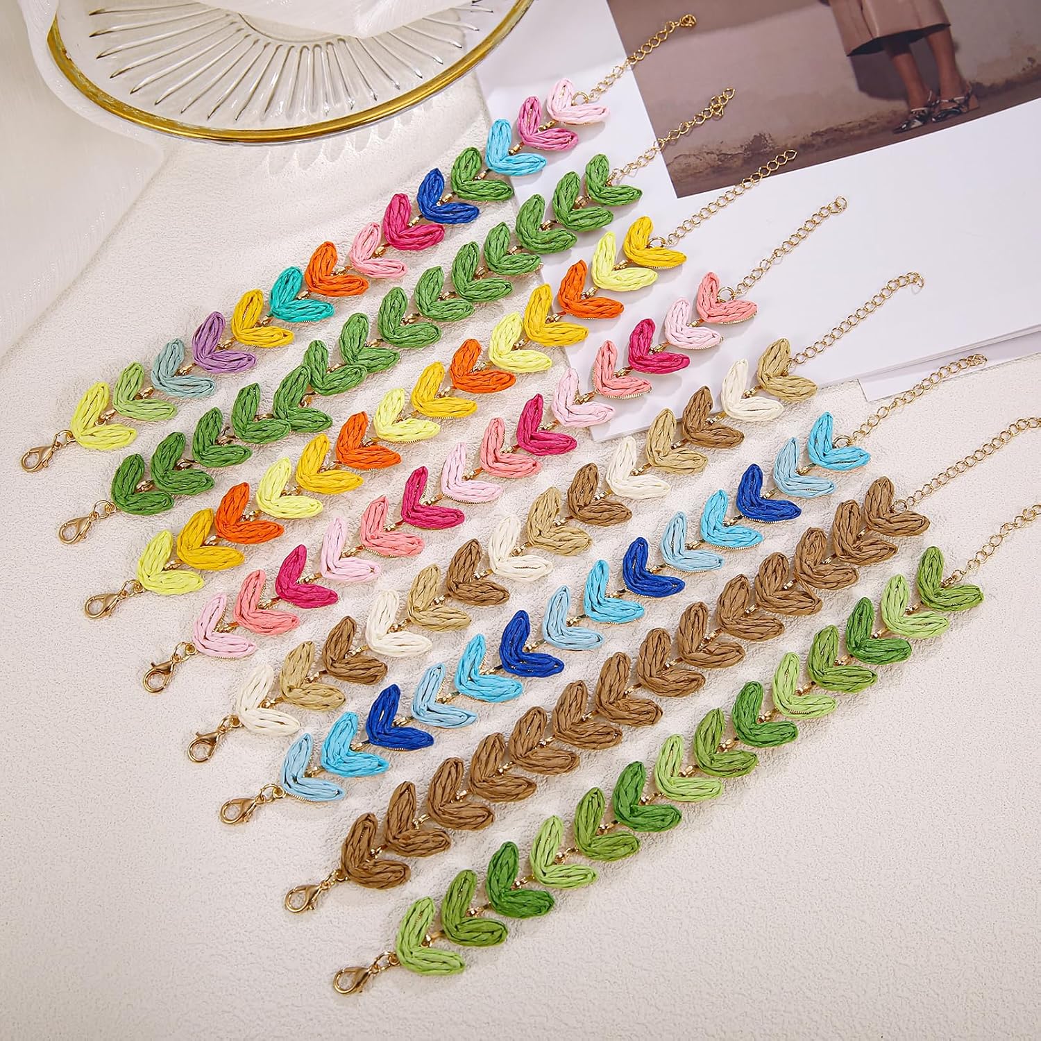 Tropical Colorful Raffia Bracelet for Women, Gradient Beach Palm Leaf Anklet Boho Jewelry, Handmade Adjustable Link Bracelet - Image 7