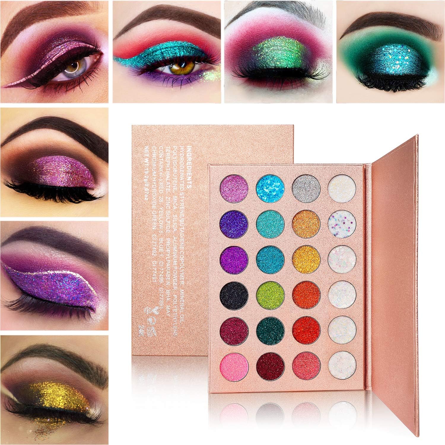 Glitter Eyeshadow Palette Makeup,Afflano Highly Pigmented Glitter Eyeshadow Pallet Mineral,Professional Pink Blue Green Red Gold Purple Long Lasting Waterproof Glitter & Shimmer Eye Shadow 24 Colour