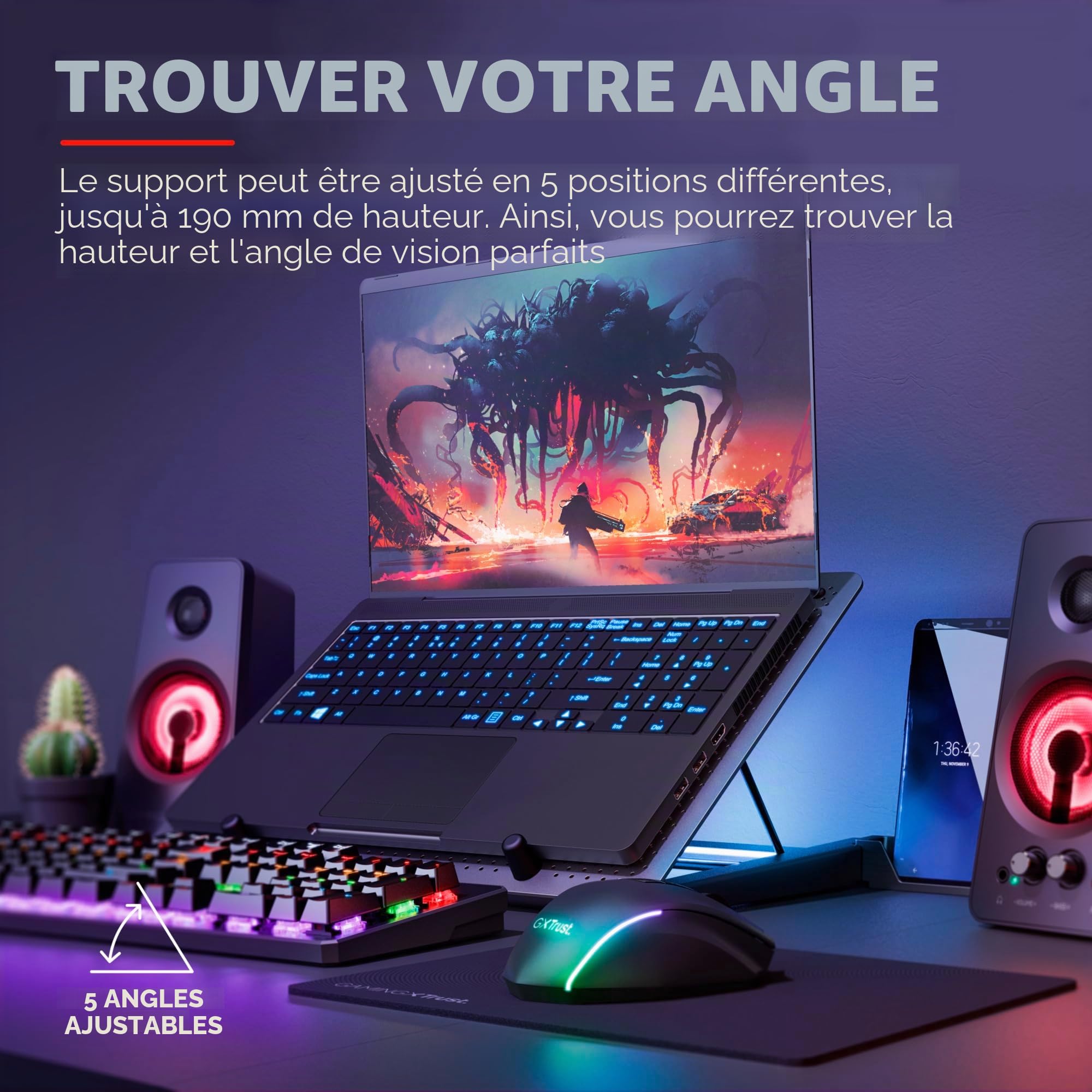 Trust Gaming GXT 1125 Quno Support de Refroidissement pour Portables 17,3 Pouces 5 Ventilateurs Éclairés