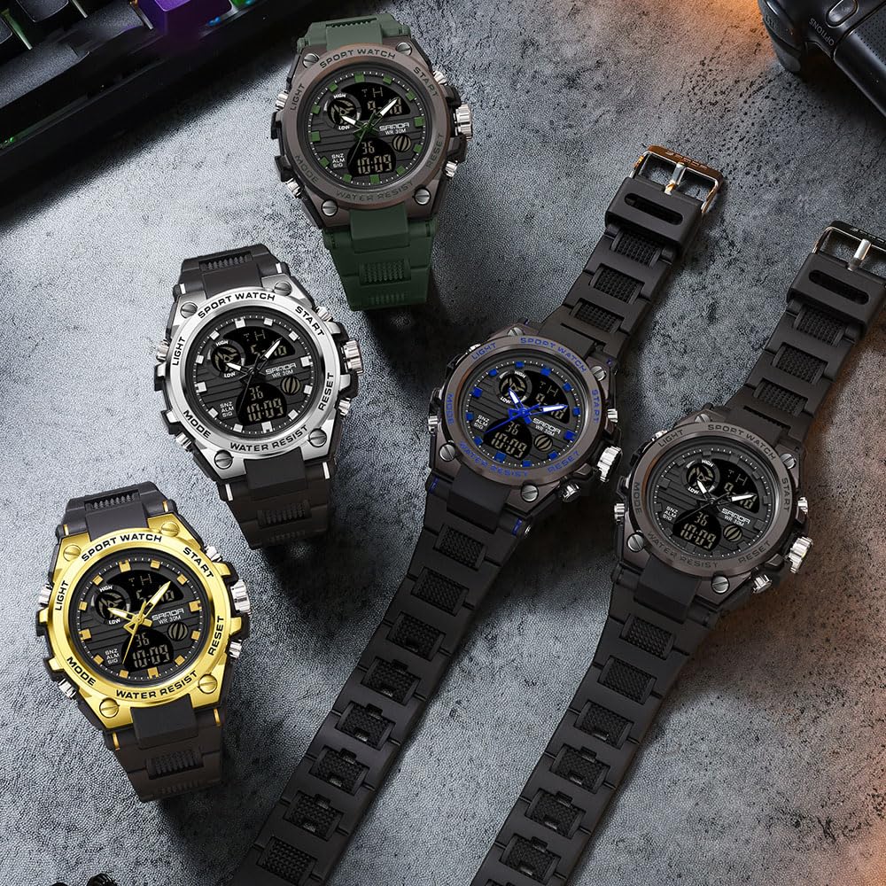 Gosasa Orologio sportivo digitale da uomo, display LED, antiurto, militare, doppio fuso orario, orologio da polso per esterni, impermeabile, sveglia