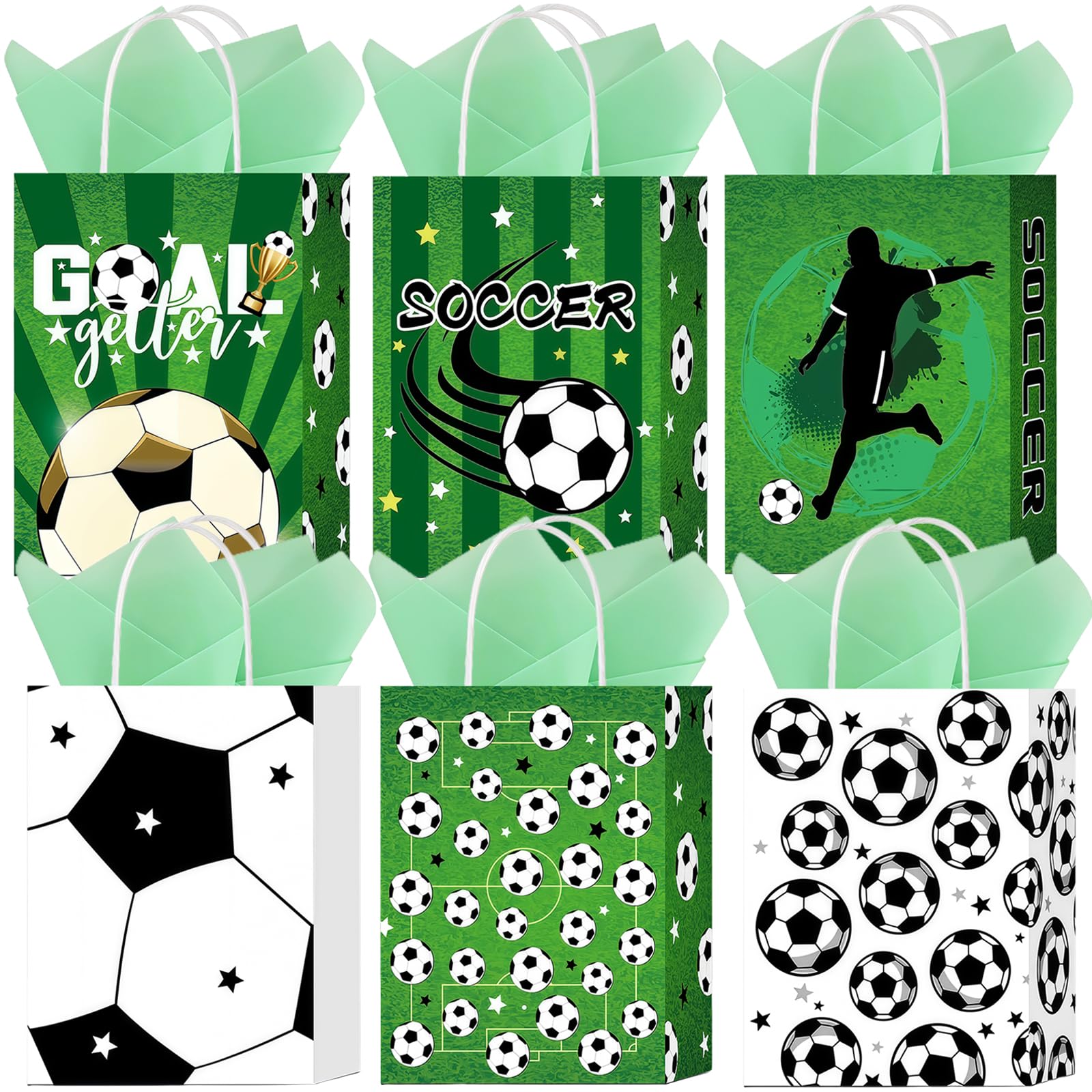 6 PCS Football Gift Bags with Handles and 6 Tissue Papers, Small Paper Party Bags for Kids Birthday, Football Party Favours, 22 x 16 x 8 cm