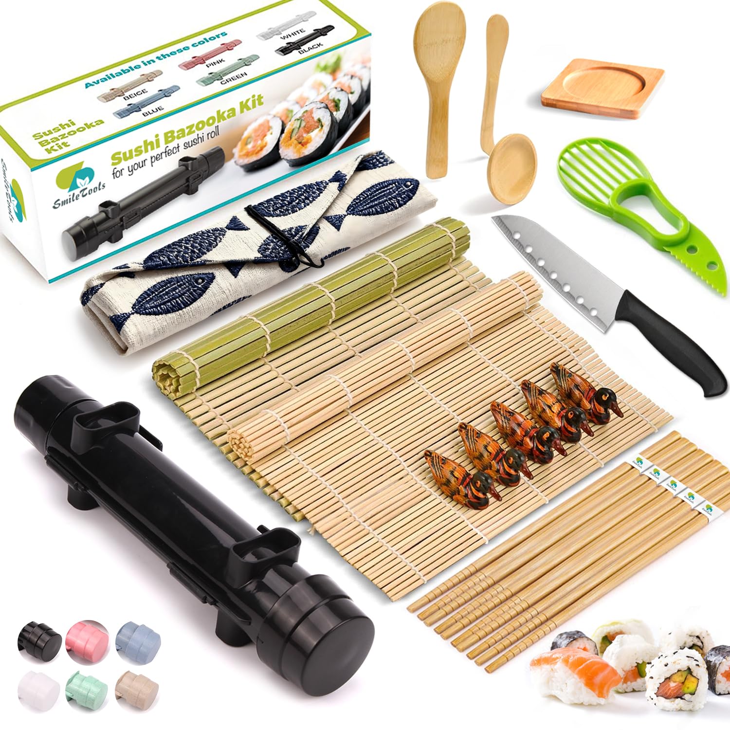 Sushi Making Kit, 22pcs Sushi Roller Sushi Maker Kit for Beginners with Guide Book, Sushi Bazooka, Knife, Sushi Mat, Avocado Slicer, Chopsticks, Sauce Dishes & More - Sushi Lover's Gift