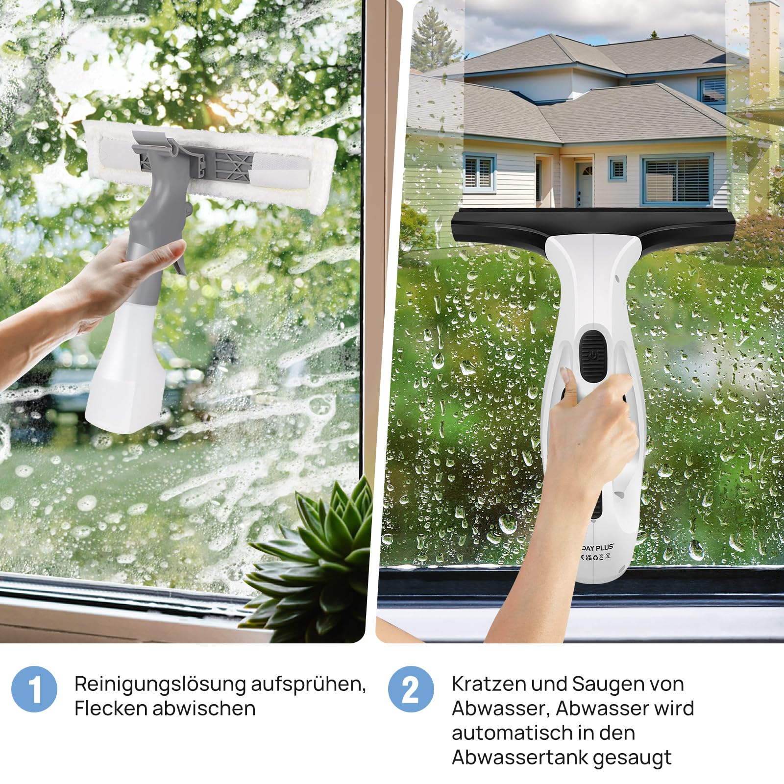 Akku Fenstersauger | Elektrischer Glasreiniger mit 2,0 KPA Saugkraft | 150 ml Wassertank & 28 cm Gummischaber | Für Fenster, Spiegel, Fliesen & mehr | Kabellos & IPX4 wassergeschützt