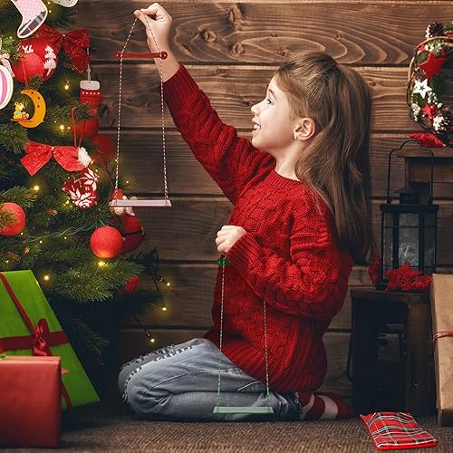 Miniatura 6 de Accesorios de columpio de elfo de Navidad, asiento de columpio de elfo colgante de madera, columpio doble con 3 cuerdas de algodón, 2 tablas de